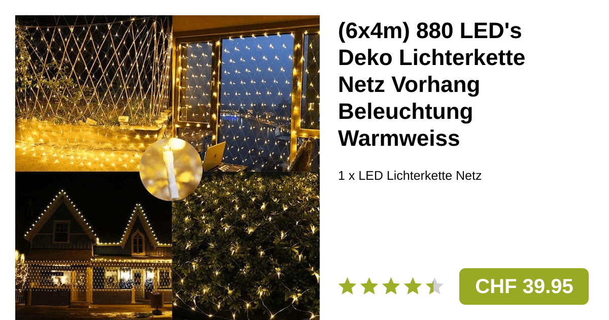 6x4m) 880 LED's Deko Lichterkette Vorhang Warmweiss
