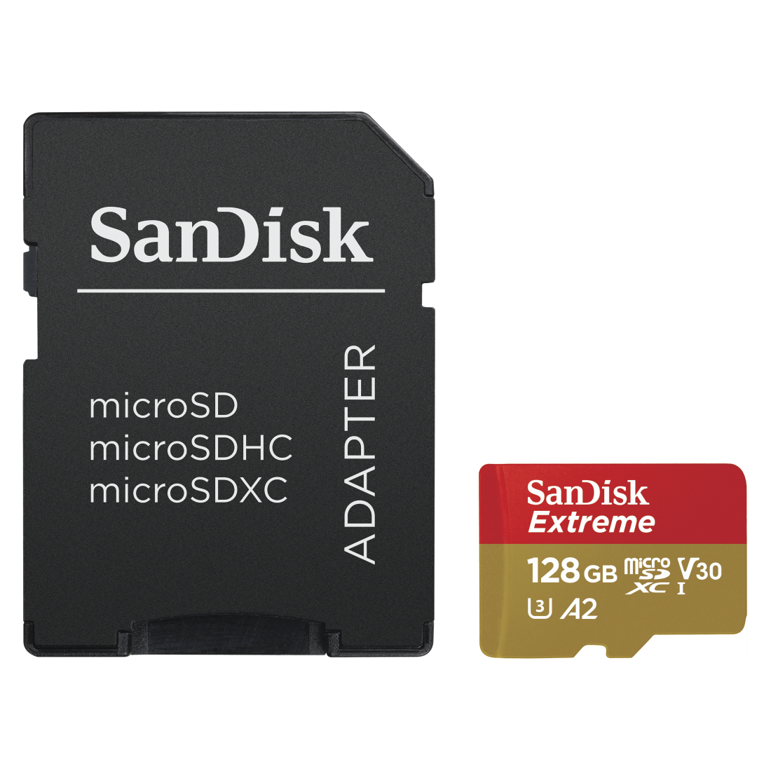 Image of SanDisk - 128GB Extreme Micro SDHC UHS-I TransFlash Speicherkarte + SD Adapter Class V30 190 MBps (SDSQXAA-128G-GN6AA) bei Apfelkiste.ch