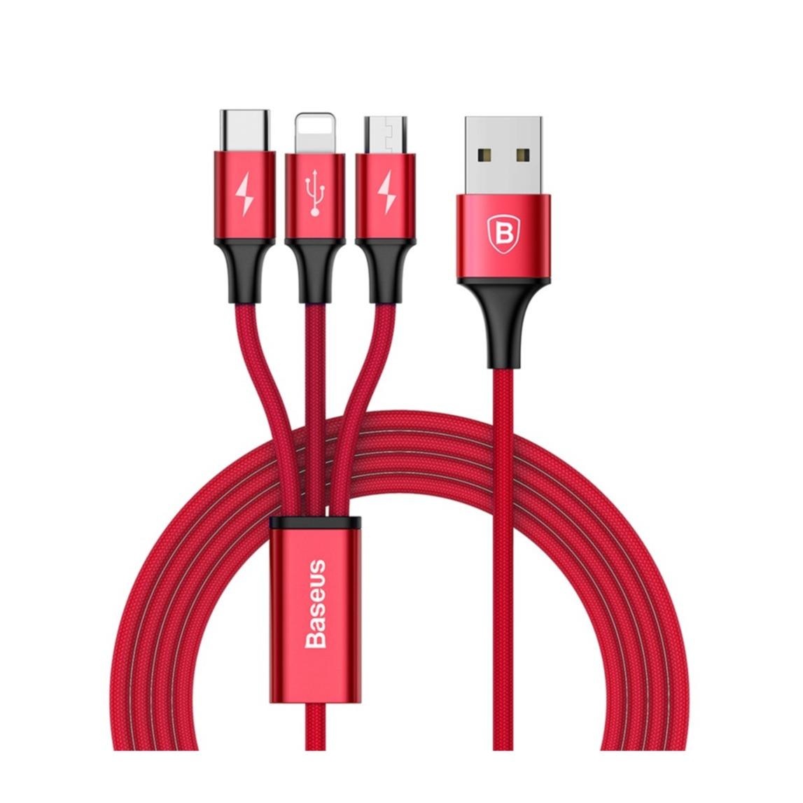 Image of Baseus - (1.2m) 3in1 USB A Rapid Series Ladekabel Nylon Geflecht 3A - Apple Lightning / Micro USB / USB C - Rot bei Apfelkiste.ch