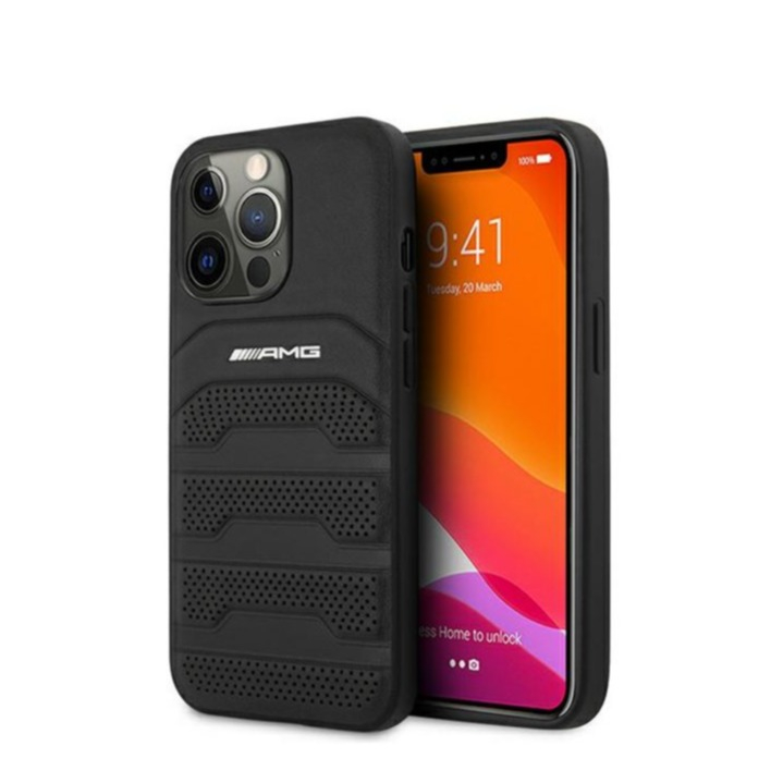 Image of AMG Mercedes Benz - iPhone 13 Pro Echtleder Hardcase Hülle Debossed (AMHCP13LGSEBK) - Schwarz bei Apfelkiste.ch