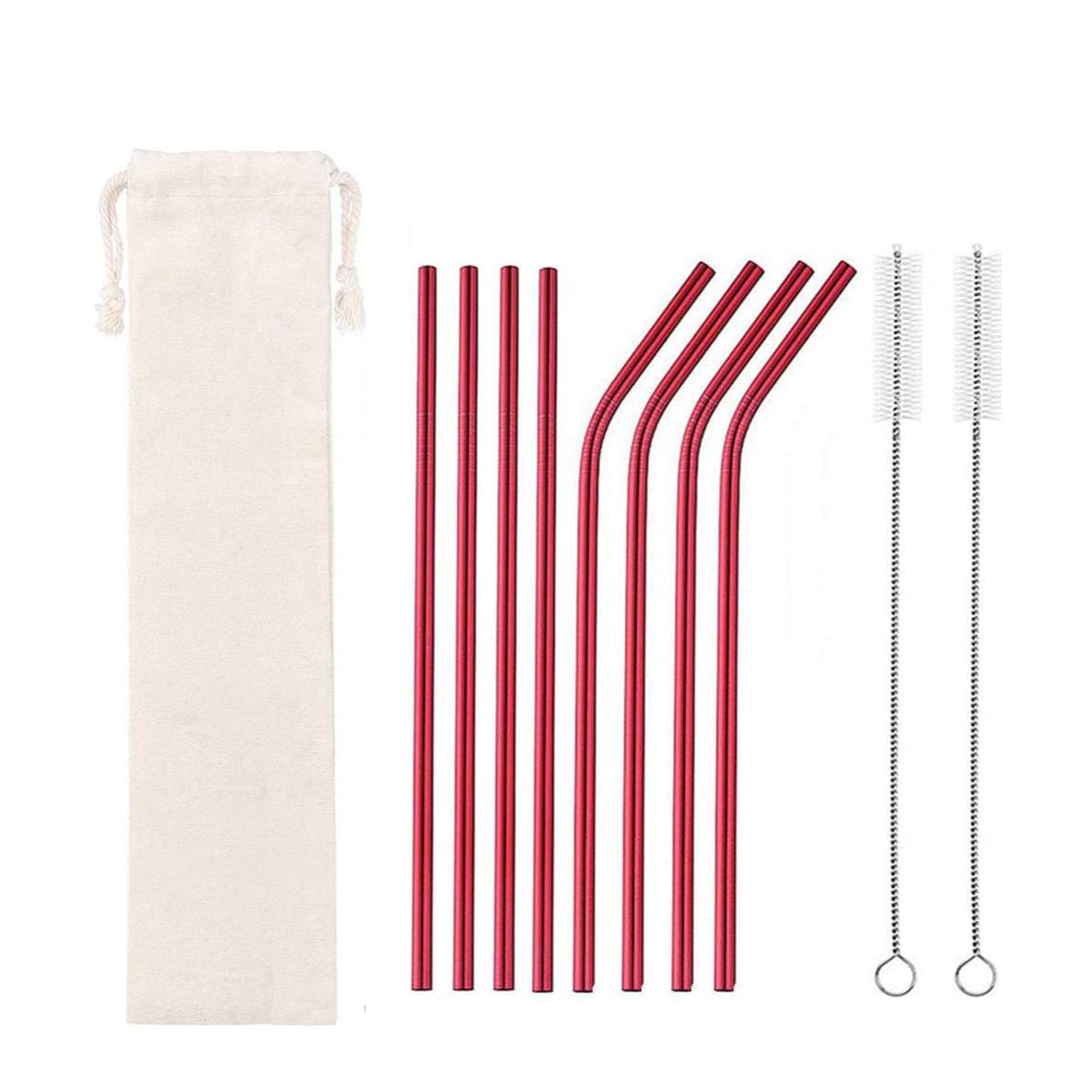 Image of (10-tlg. Set) 21.5cm Edelstahl Strohhalm Wiederverwendbarer Trinkhalm inkl. Reinigungsbürsten + Tasche - Rot bei Apfelkiste.ch