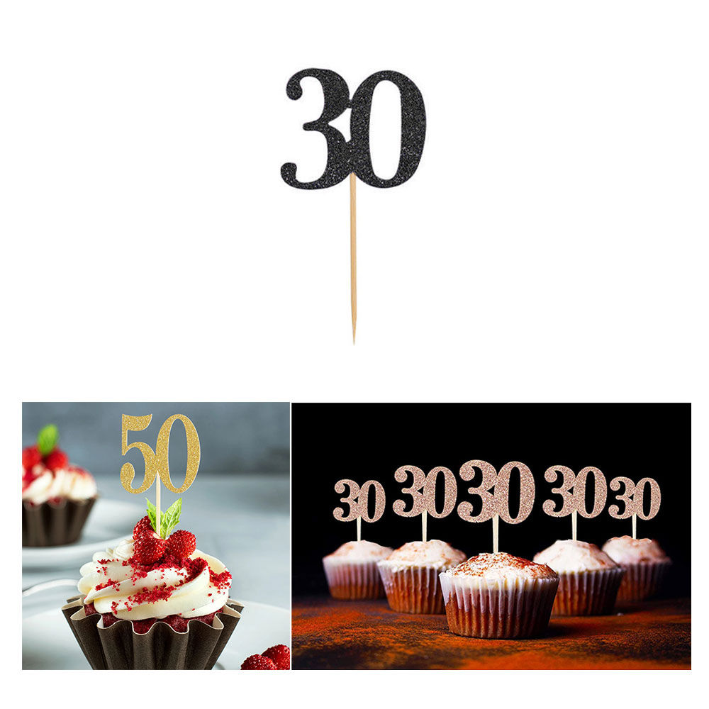 Image of (10er Set) Kuchenstecker 30. Geburtstag Glitzer Tortenstecker Topper Dekoration für Torten / Kuchen - Schwarz bei Apfelkiste.ch