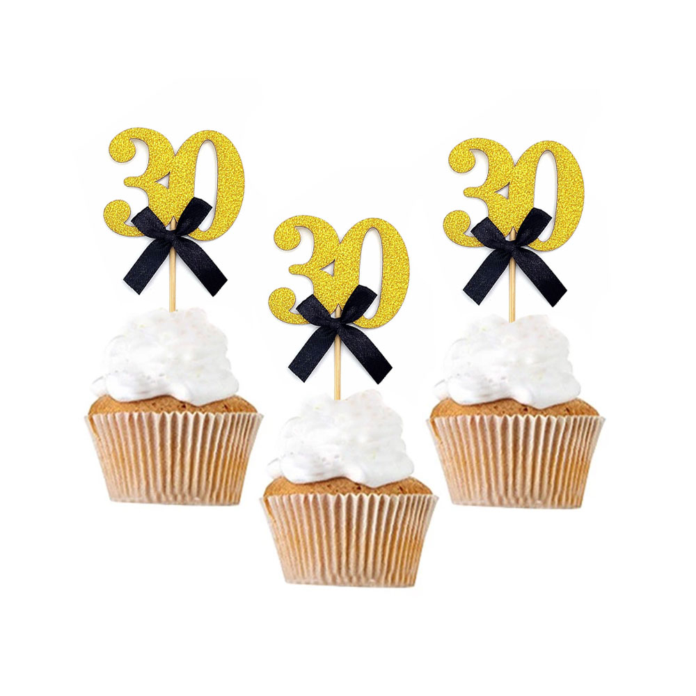 Image of (10er Set) Kuchenstecker 30. Geburtstag mit Schleife Glitzer Tortenstecker Topper Dekoration für Torten / Kuchen - Gold / Schwarz bei Apfelkiste.ch
