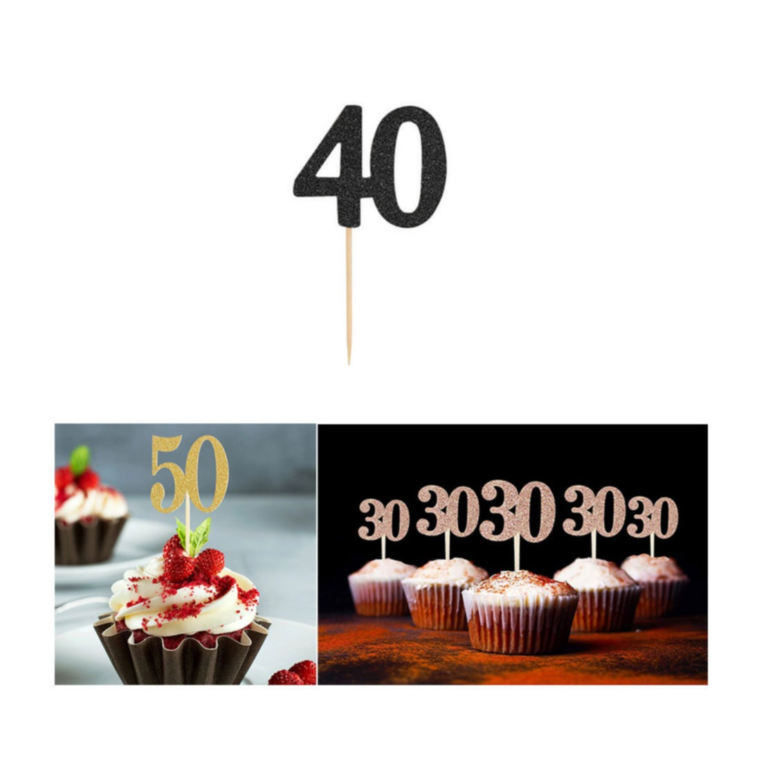 Image of (10er Set) Kuchenstecker 40. Geburtstag Glitzer Tortenstecker Topper Dekoration für Torten / Kuchen - Schwarz bei Apfelkiste.ch