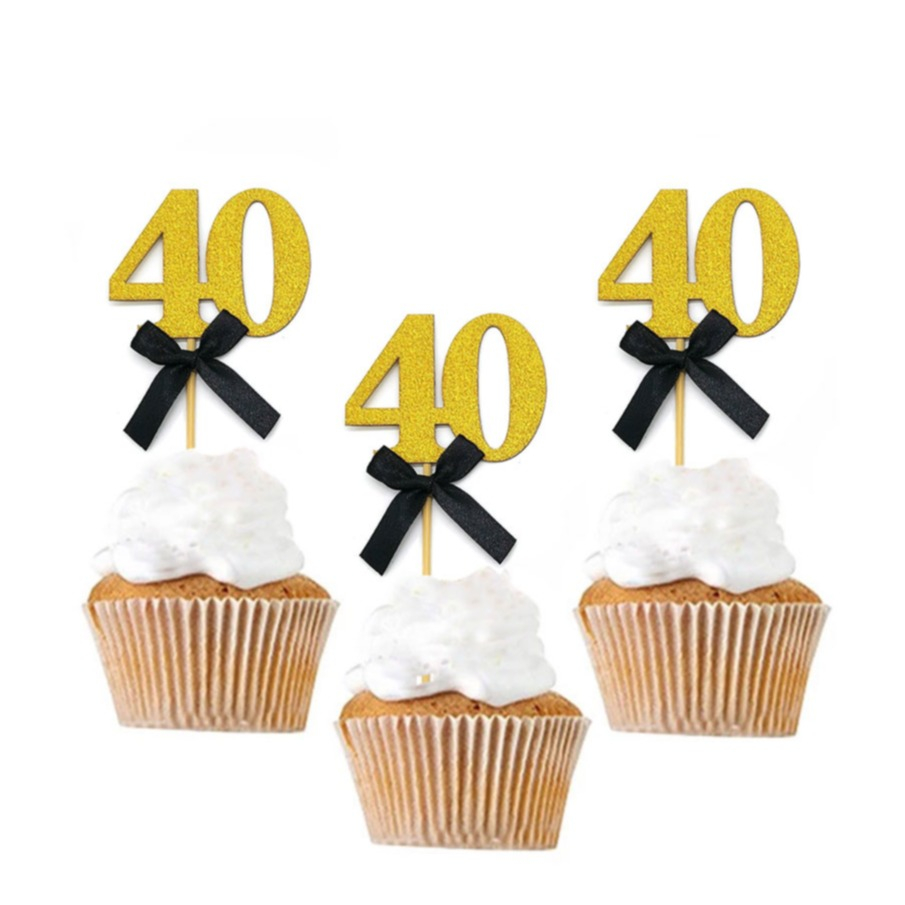 Image of (10er Set) Kuchenstecker 40. Geburtstag mit Schleife Glitzer Tortenstecker Topper Dekoration für Torten / Kuchen - Gold / Schwarz bei Apfelkiste.ch