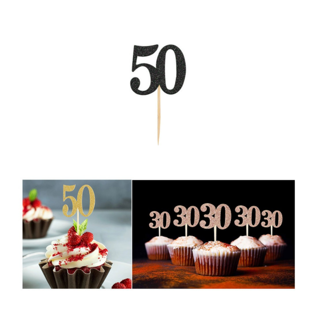 Image of (10er Set) Kuchenstecker 50. Geburtstag Glitzer Tortenstecker Topper Dekoration für Torten / Kuchen - Schwarz bei Apfelkiste.ch