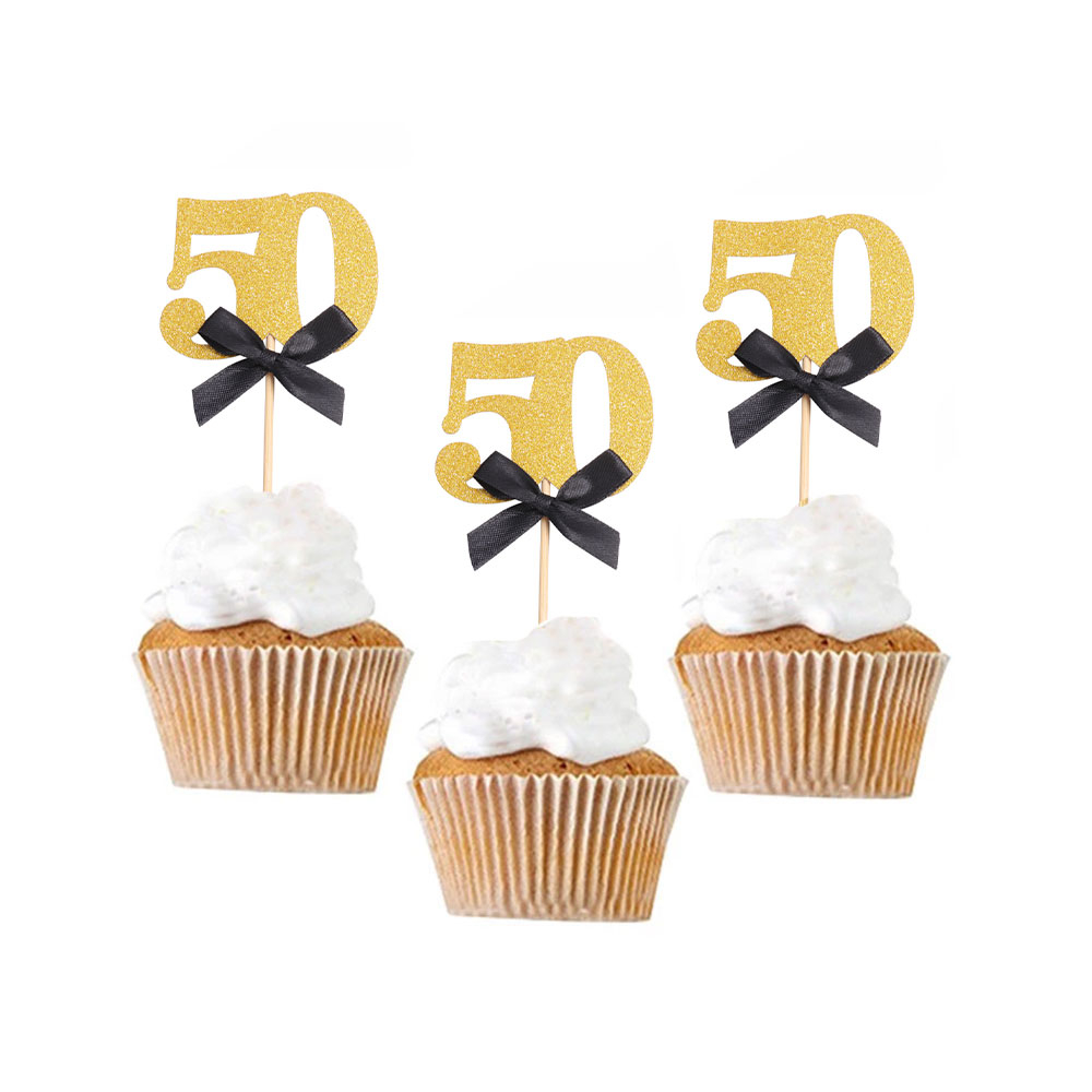 Image of (10er Set) Kuchenstecker 50. Geburtstag mit Schleife Glitzer Tortenstecker Topper Dekoration für Torten / Kuchen - Gold / Schwarz bei Apfelkiste.ch