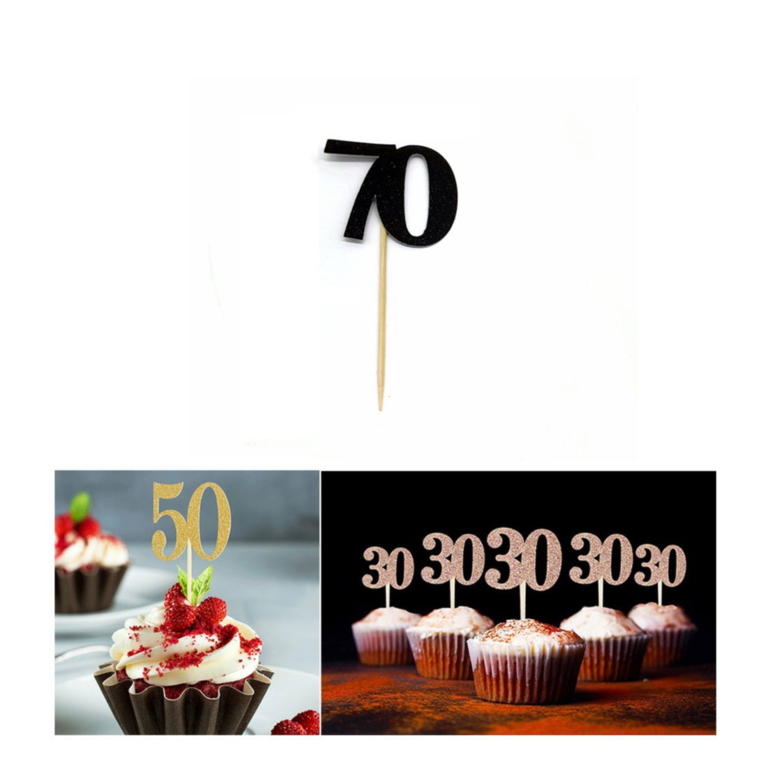 Image of (10er Set) Kuchenstecker 70. Geburtstag Glitzer Tortenstecker Topper Dekoration für Torten / Kuchen - Schwarz bei Apfelkiste.ch