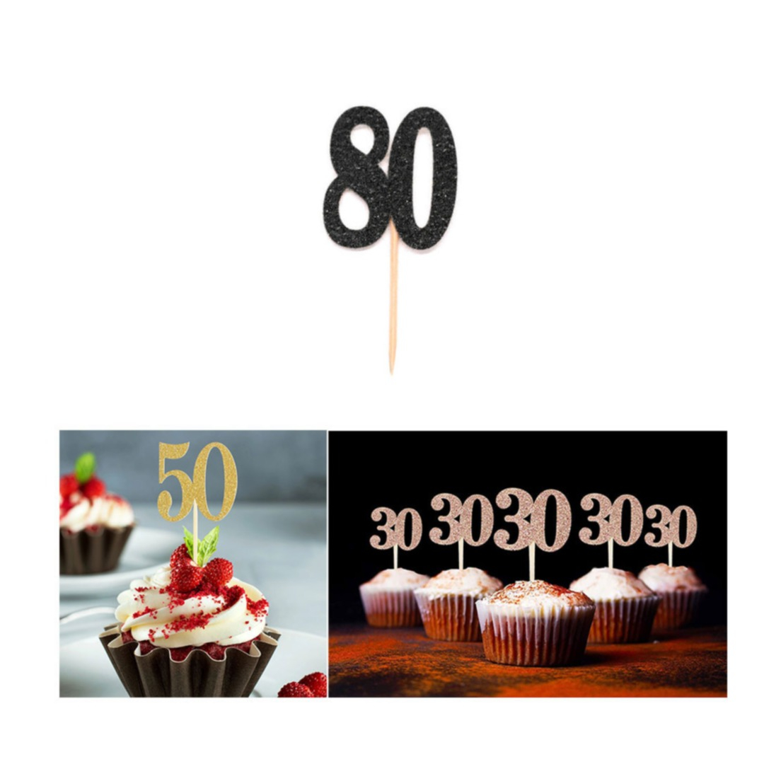 Image of (10er Set) Kuchenstecker 80. Geburtstag Glitzer Tortenstecker Topper Dekoration für Torten / Kuchen - Schwarz bei Apfelkiste.ch