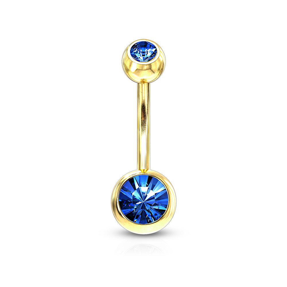 Image of (10mm) Barbell 316L Chirurgenstahl Bauchnabelpiercing mit Gewindeverschluss Grosse Strass Kugeln - Gold / Dunkelblau bei Apfelkiste.ch