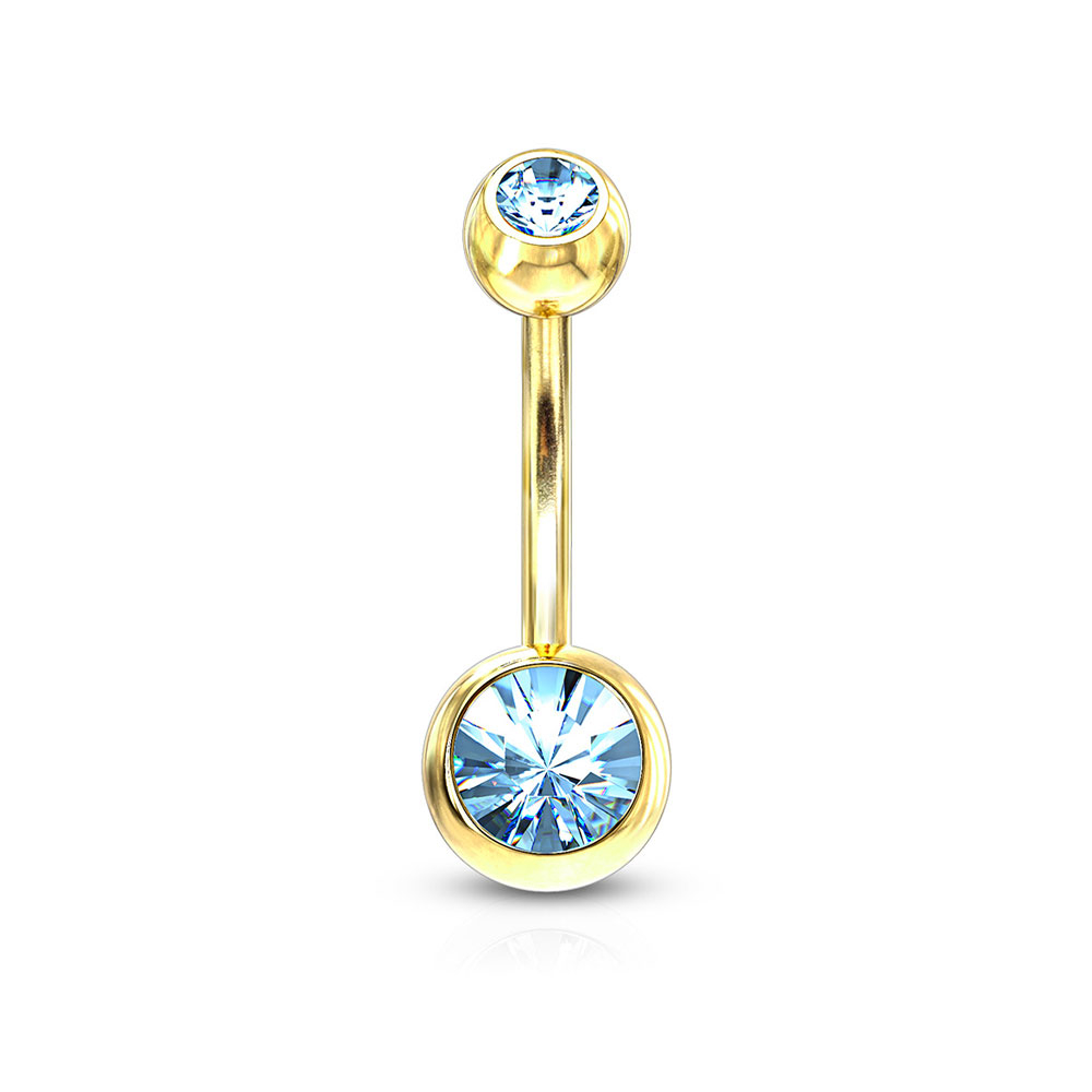 Image of (10mm) Barbell 316L Chirurgenstahl Bauchnabelpiercing mit Gewindeverschluss Grosse Strass Kugeln - Gold / Hellblau bei Apfelkiste.ch