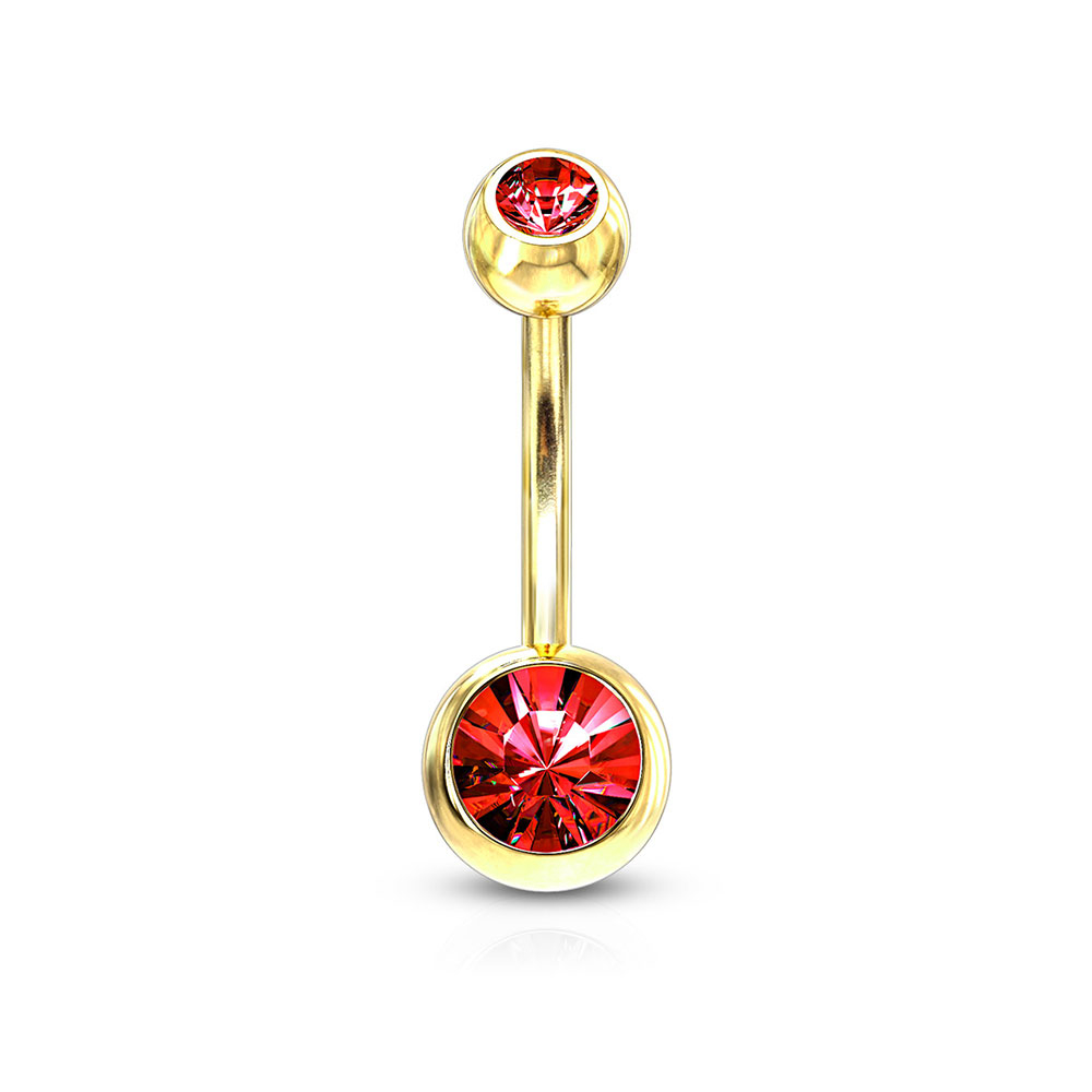 Image of (10mm) Barbell 316L Chirurgenstahl Bauchnabelpiercing mit Gewindeverschluss Grosse Strass Kugeln - Gold / Rot bei Apfelkiste.ch