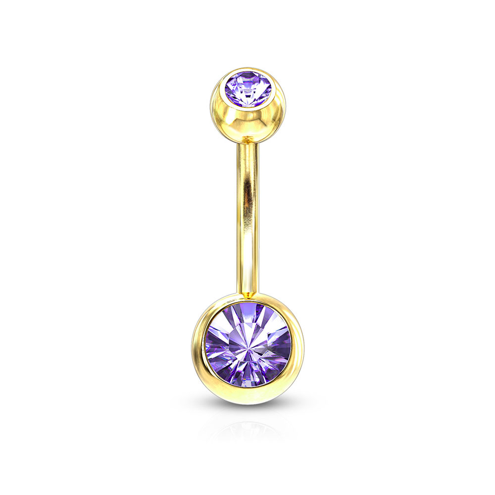 Image of (10mm) Barbell 316L Chirurgenstahl Bauchnabelpiercing mit Gewindeverschluss Grosse Strass Kugeln - Gold / Violett bei Apfelkiste.ch
