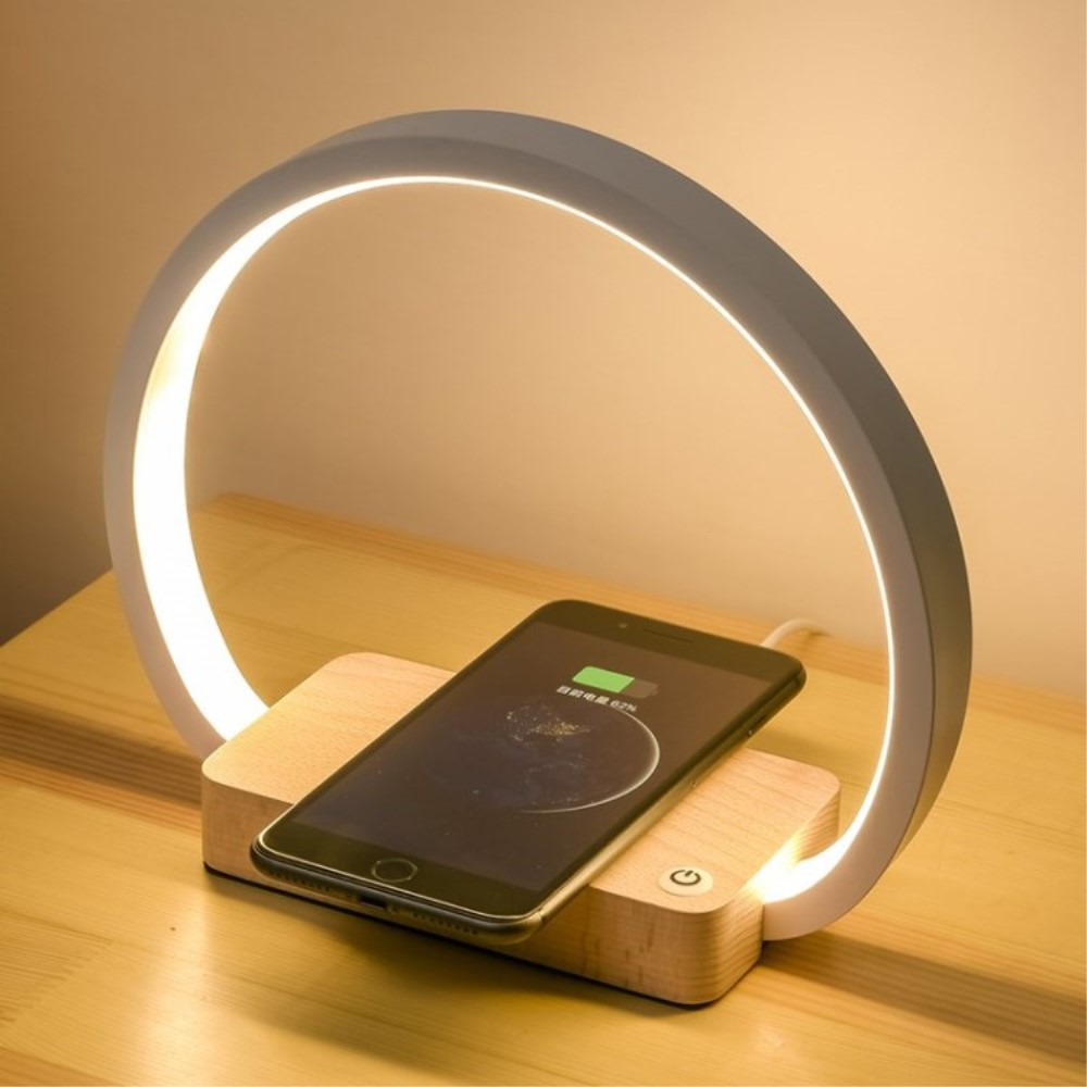 Image of (10W) 2in1 Holz Qi Wireless Charger Induktionsladegerät Ladestation + LED Ringlicht - Weiss bei Apfelkiste.ch