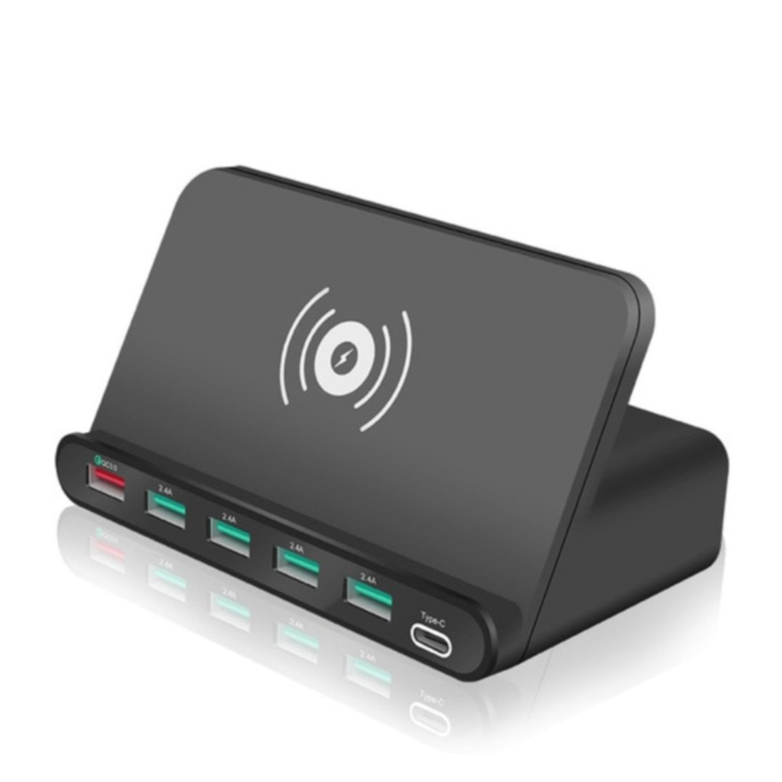 Image of (10W) Qi Wireless Ladegerät 7-fach USB / C USB Anschluss Power Delivery Multifunktional Quick Charger - Schwarz bei Apfelkiste.ch