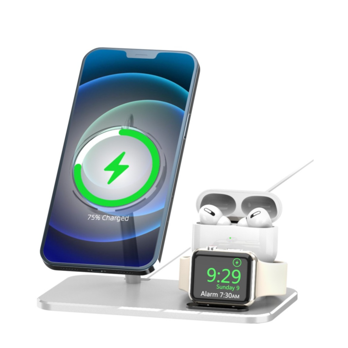 Image of 3in1 Multifunktions Halterung für Apple iPhone (Pro/Mini/Max) / Apple Watch / Airpods - Silber bei Apfelkiste.ch