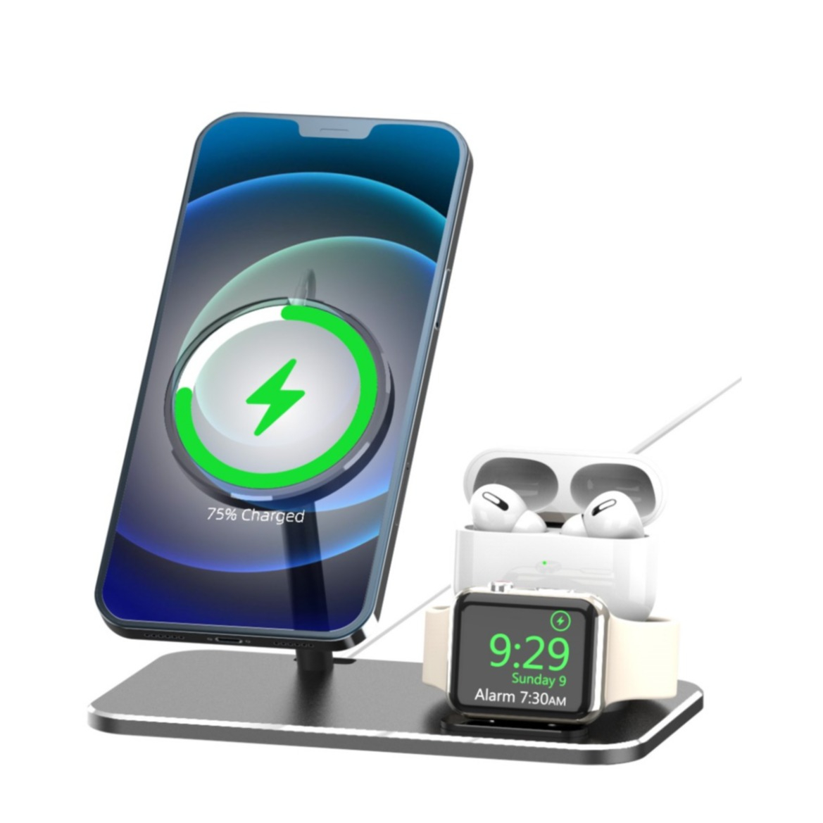 Image of 3in1 Multifunktions Halterung für Apple iPhone (Pro/Mini/Max) / Apple Watch / Airpods - Schwarz bei Apfelkiste.ch