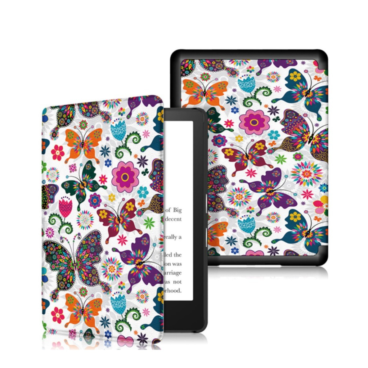 Image of Amazon Kindle Paperwhite (2021) Leder Tasche Smart Cover Gummi Schutzhülle - Bunte Schmetterlinge (Weiss) bei Apfelkiste.ch