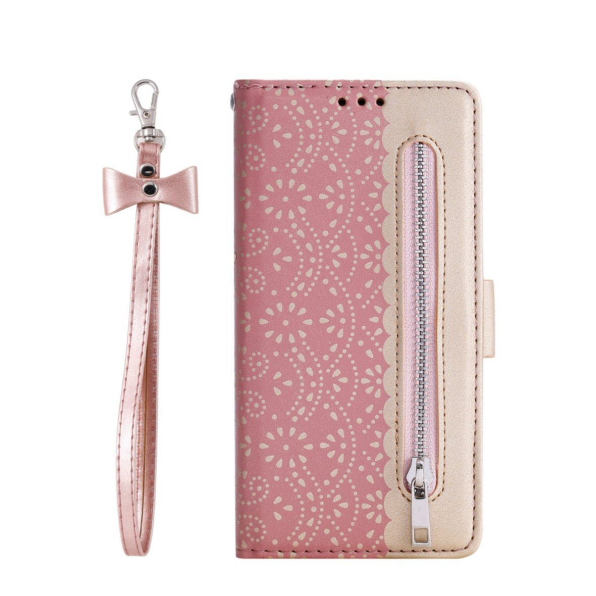 Image of Samsung Galaxy S22 5G Leder Tasche Flip Cover mit Reissverschluss - Rosa / Gold bei Apfelkiste.ch