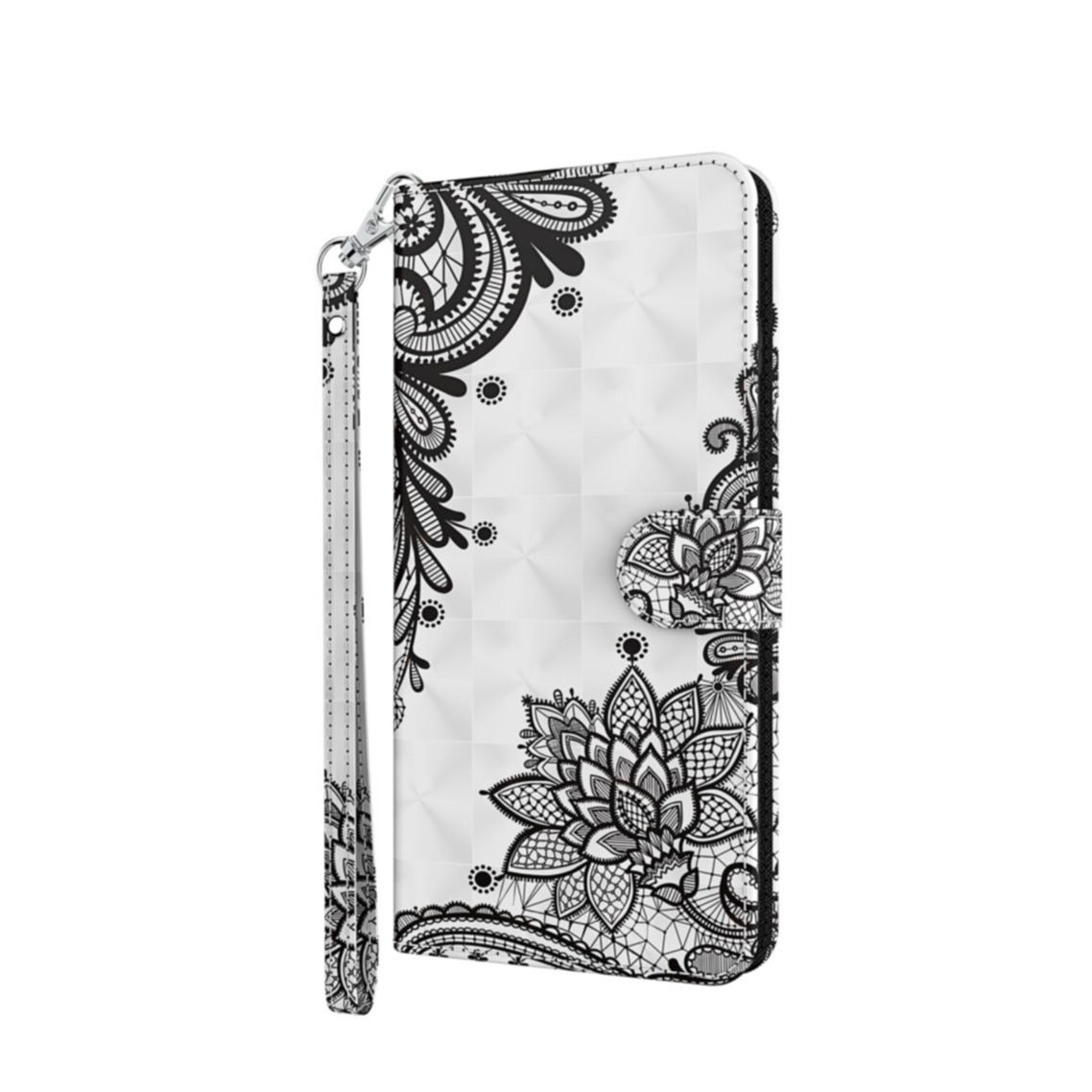 Image of Samsung Galaxy S22+ Plus 5G Leder Tasche mit Kartenfach + Handschlaufe - Blumen Mandala (Weiss) bei Apfelkiste.ch