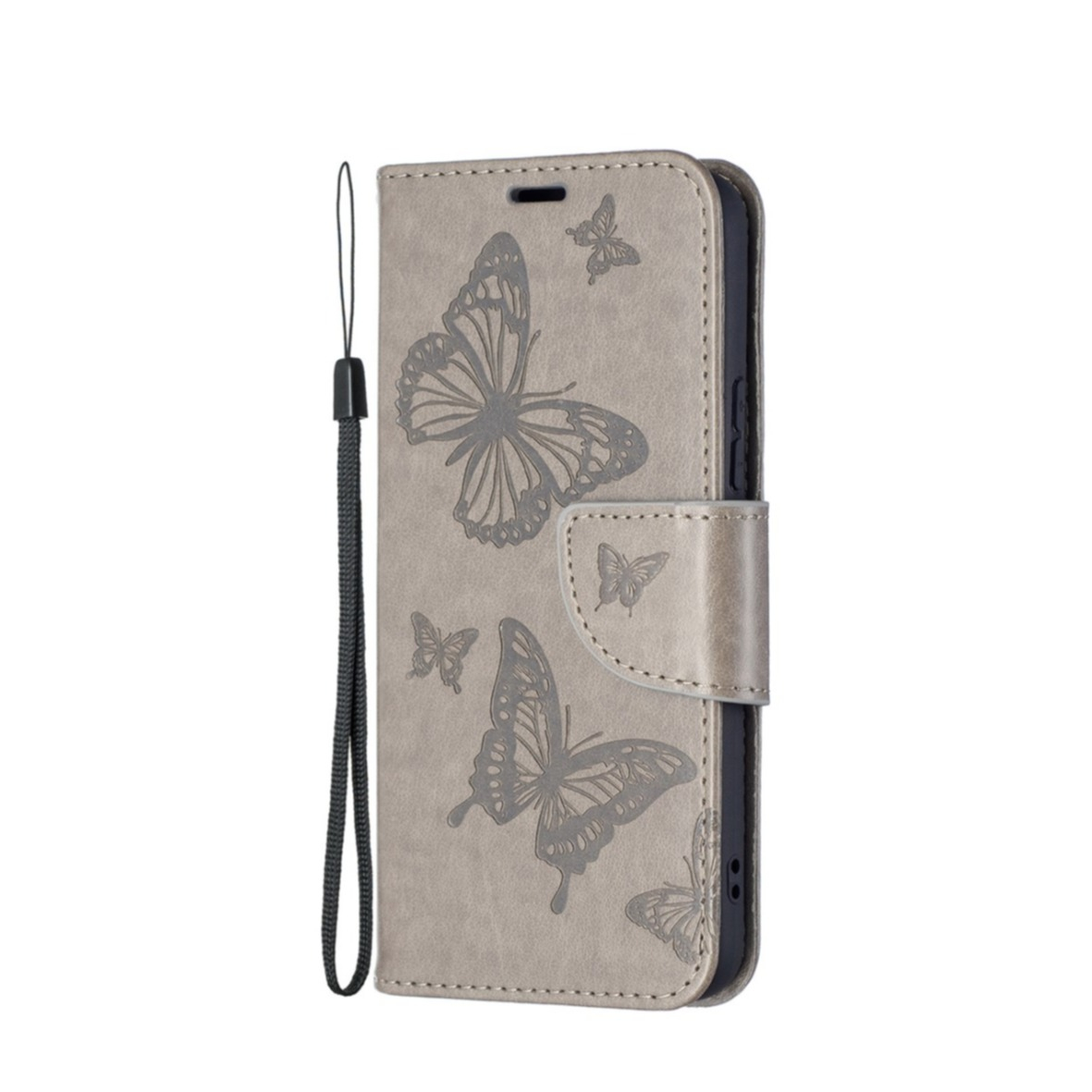 Image of Samsung Galaxy S22+ Plus 5G Leder Tasche mit Kartenfach + Handschlaufe Schmetterling - Grau bei Apfelkiste.ch