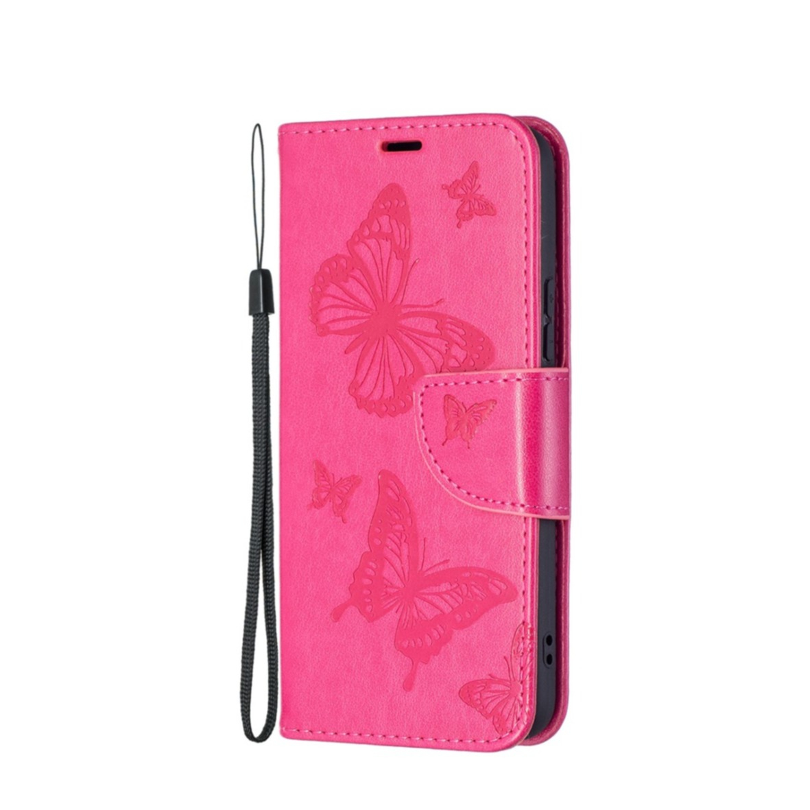 Image of Samsung Galaxy S22+ Plus 5G Leder Tasche mit Kartenfach + Handschlaufe Schmetterling - Pink bei Apfelkiste.ch