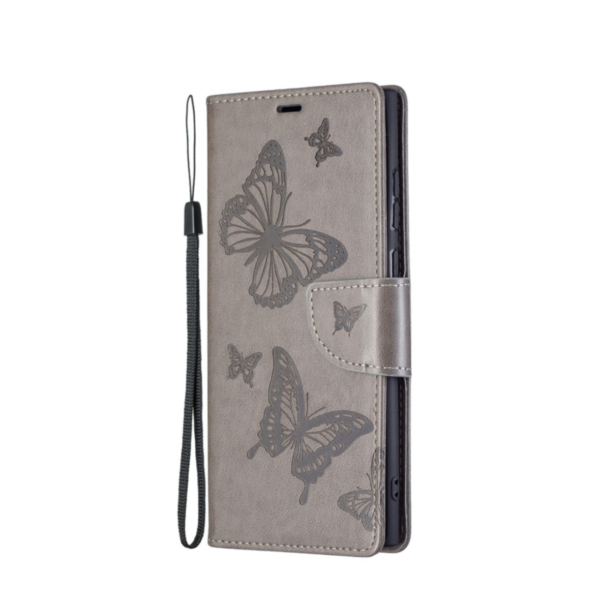 Image of Samsung Galaxy S22 Ultra 5G Leder Tasche mit Kartenfach + Handschlaufe Schmetterling - Grau bei Apfelkiste.ch