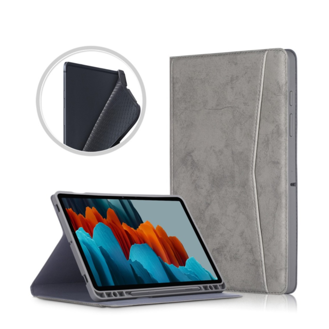 Image of Samsung Galaxy Tab S7 FE 5G Vintage Leder Tasche Smart Case Hülle S-Pen Halterung - Grau bei Apfelkiste.ch