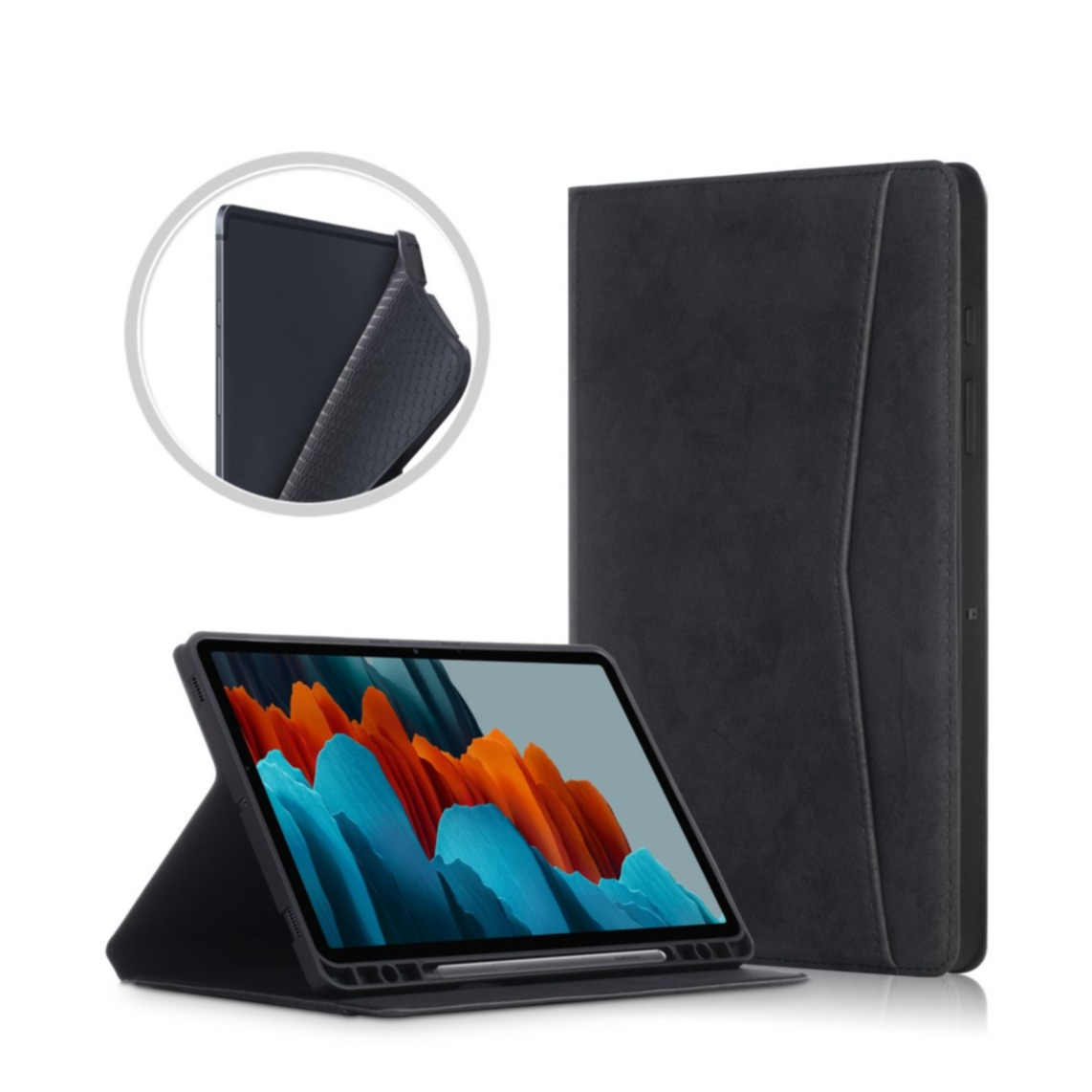 Image of Samsung Galaxy Tab S7 FE 5G Vintage Leder Tasche Smart Case Hülle S-Pen Halterung - Schwarz bei Apfelkiste.ch
