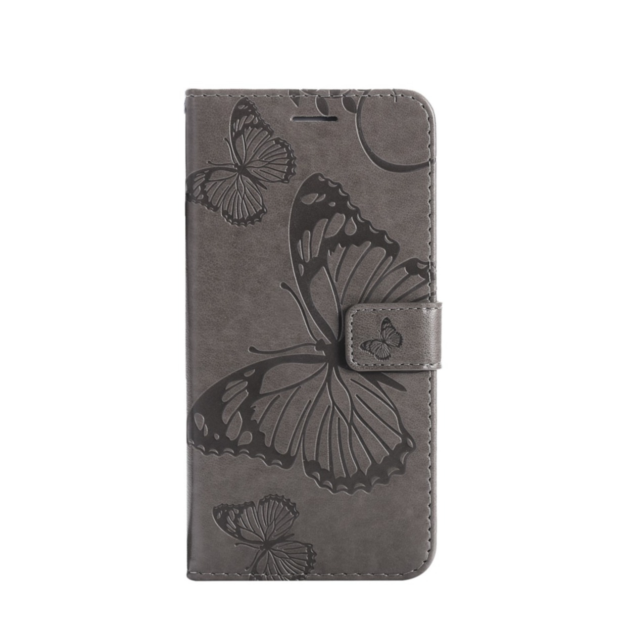 Image of Google Pixel 6a Leder Tasche mit Kartenfach + Handschlaufe Schmetterling - Grau bei Apfelkiste.ch