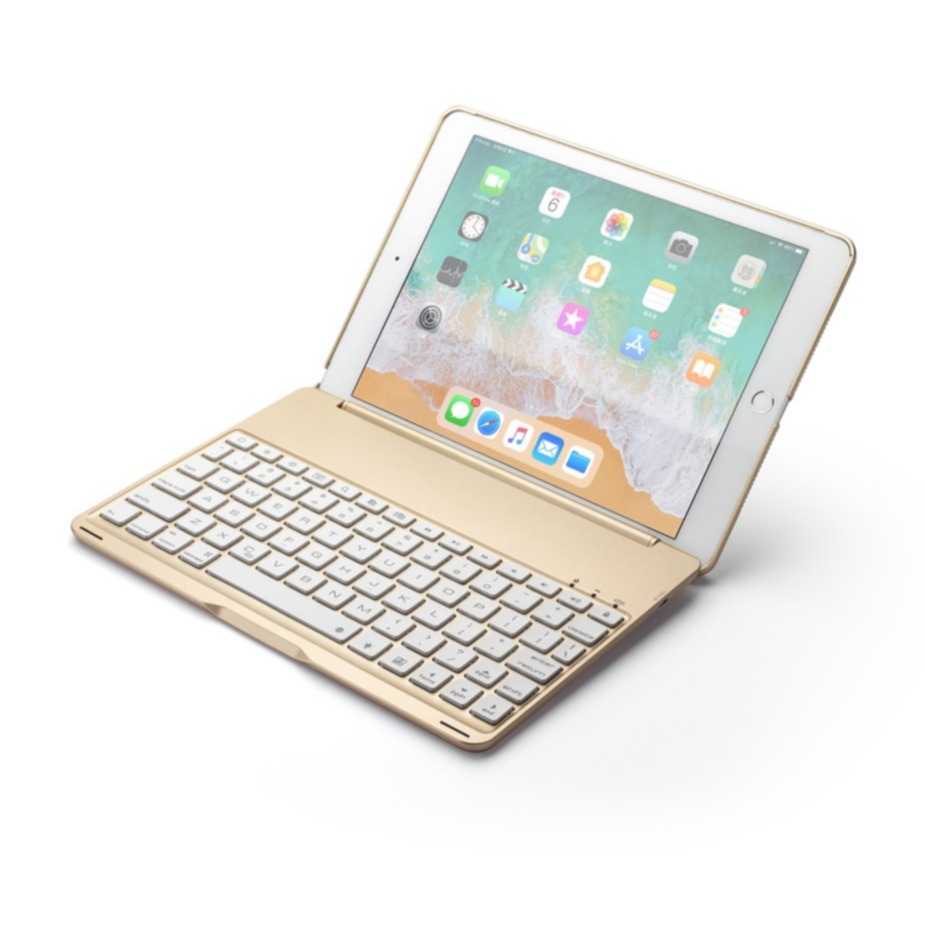 Image of iPad 9.7 (2018/2017) / iPad Air / iPad Air 2 Alu Bluetooth Tastatur Case Hülle im Slim Look (beleuchtet) - Gold bei Apfelkiste.ch