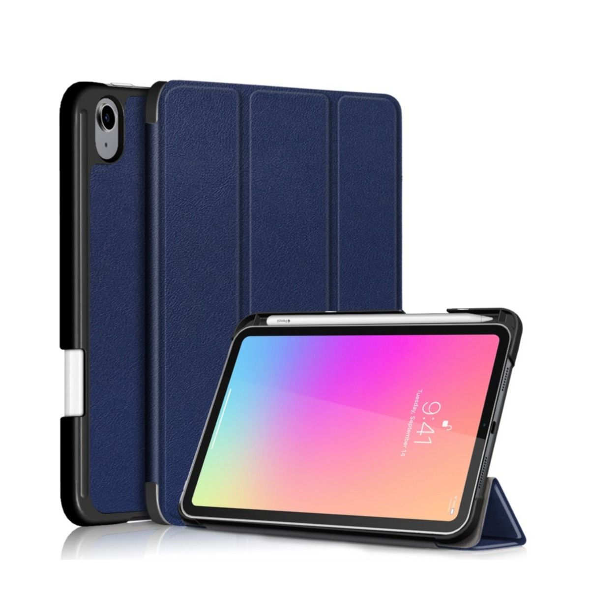 Image of iPad Mini 6 (2021) Leder Tasche Smart Case Hülle + Apple Pencil Halterung - Dunkelblau bei Apfelkiste.ch