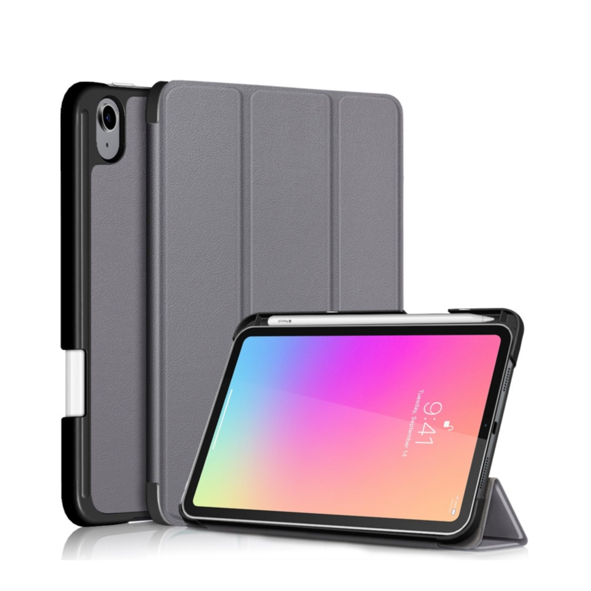 Image of iPad Mini 6 (2021) Leder Tasche Smart Case Hülle + Apple Pencil Halterung - Grau bei Apfelkiste.ch