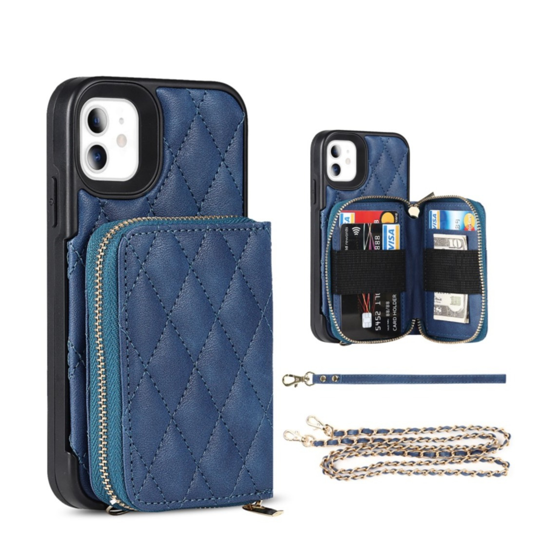 Image of iPhone 11 Necklace Leder Hülle mit Magnet Wallet Kreditkarten Münzfach + Handykette (140cm) - Blau bei Apfelkiste.ch