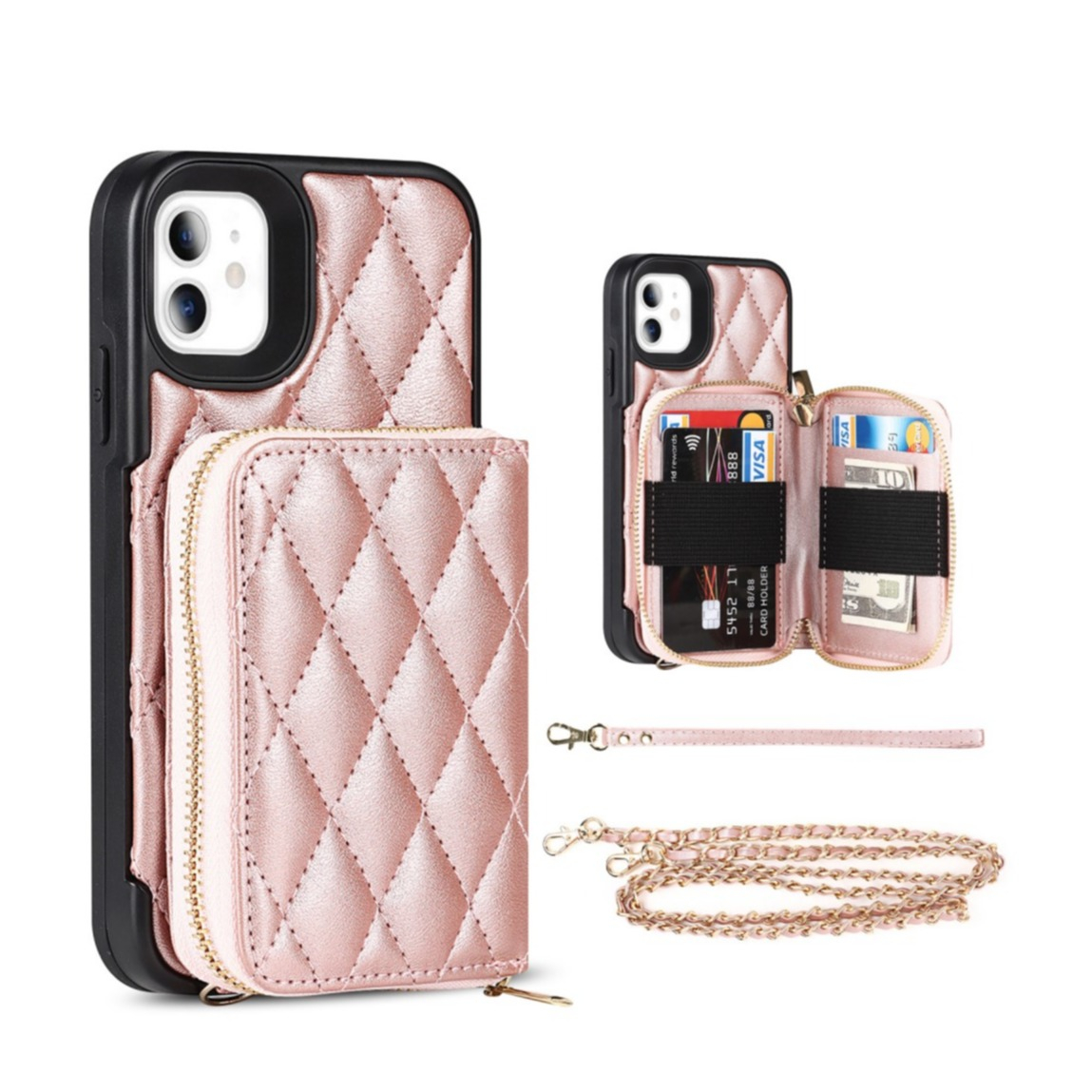 Image of iPhone 11 Necklace Leder Hülle mit Magnet Wallet Kreditkarten Münzfach + Handykette (140cm) - Roségold bei Apfelkiste.ch