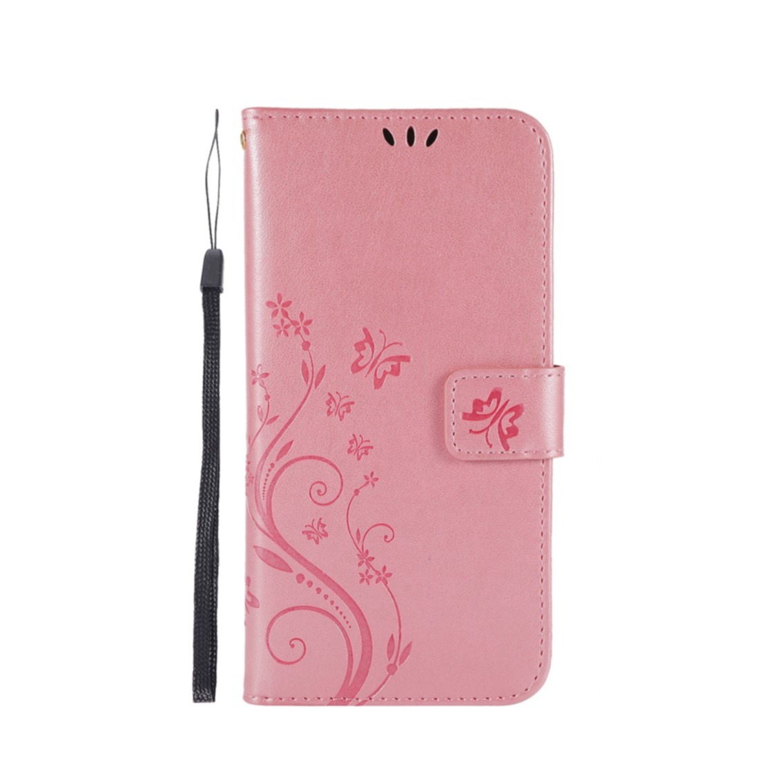 Image of iPhone 11 Pro Max Leder Tasche mit Kartenfach + Handschlaufe Butterfly Flowers - Rosa bei Apfelkiste.ch