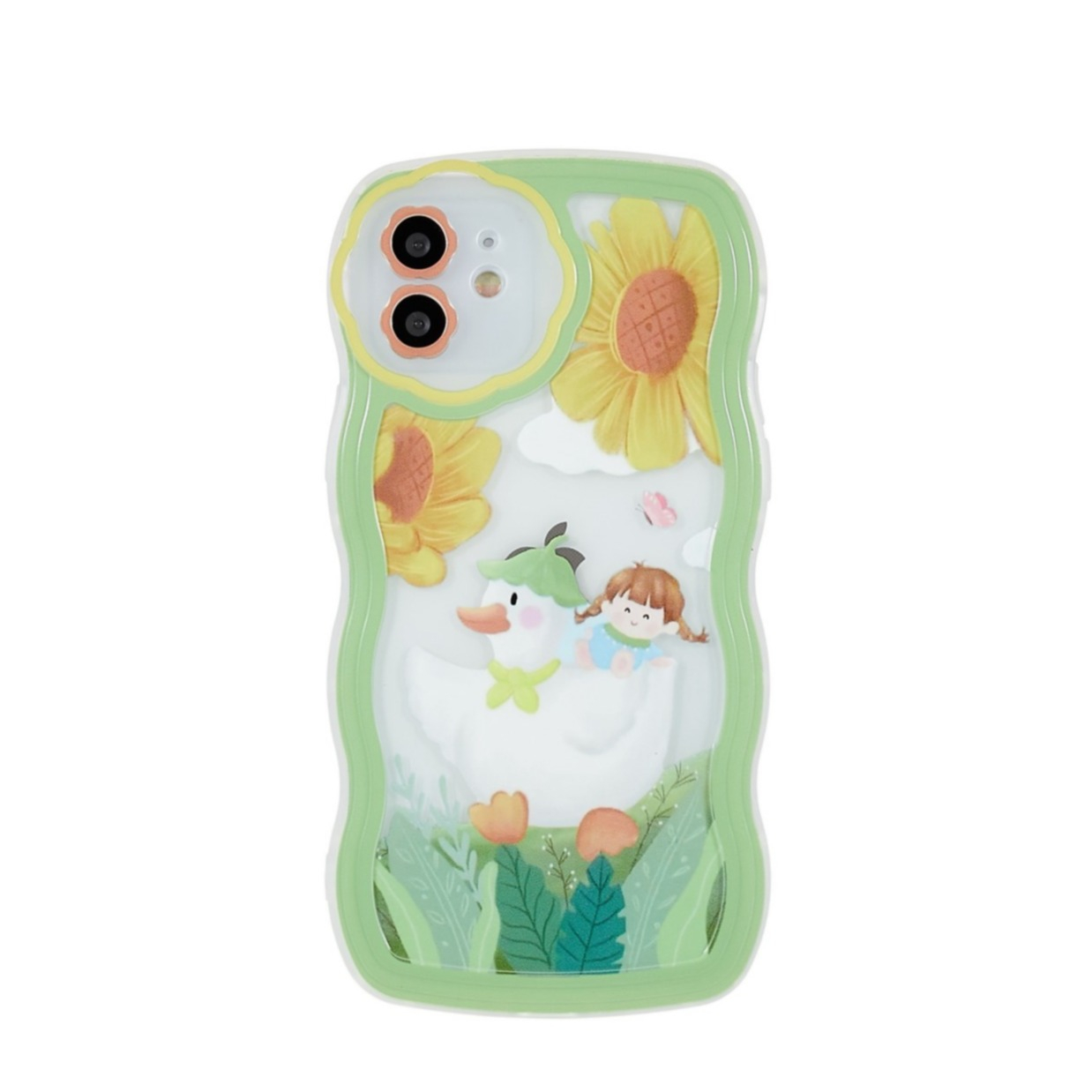 Image of iPhone 12 Gummi Hülle Air Cushion Fallschutz Kinder Design - Ente mit Sonnenblumen (Grün / Gelb) bei Apfelkiste.ch