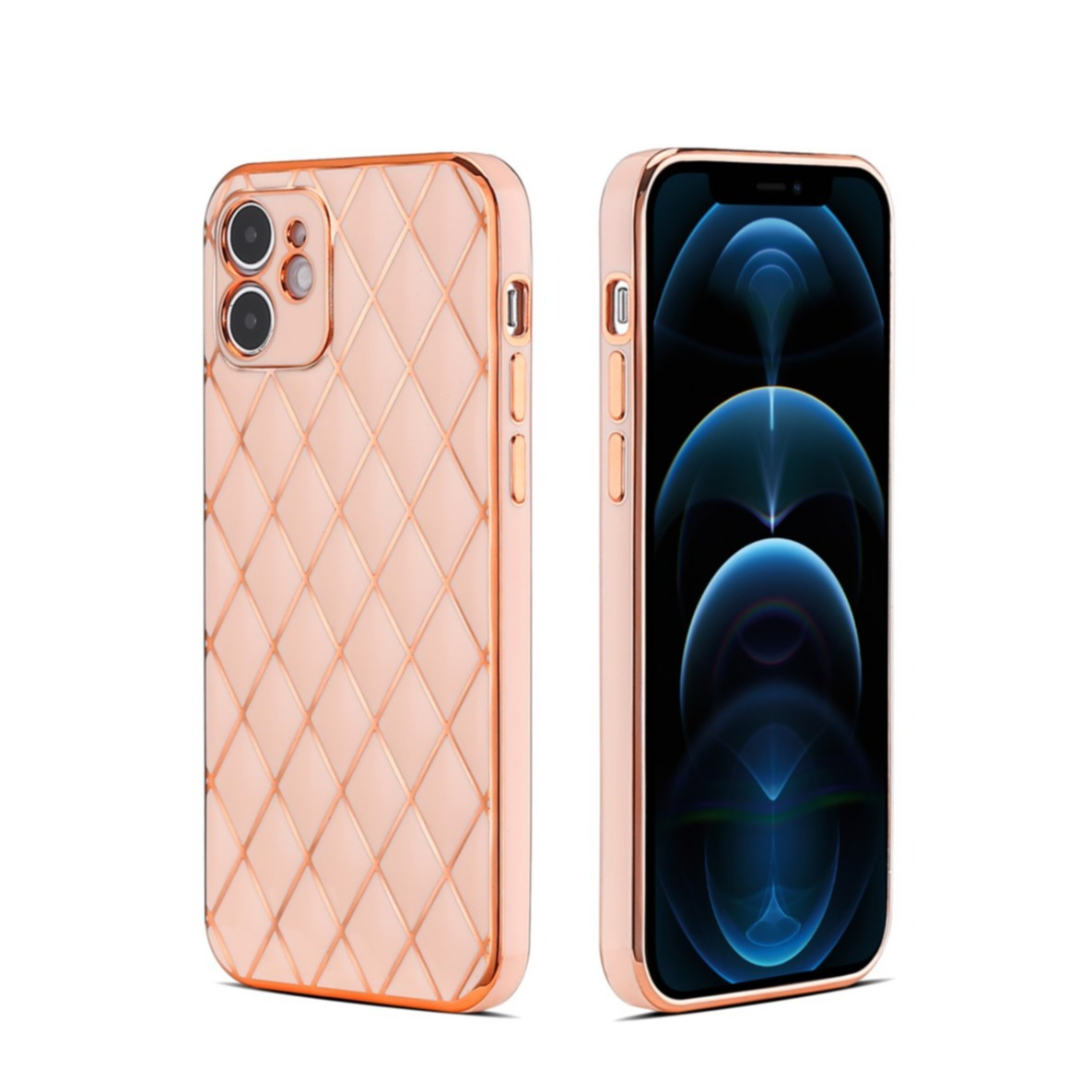 Image of iPhone 12 Gummi Case Hülle Galvanisierter Rahmen mit Rautenmuster - Rosa / Roségold bei Apfelkiste.ch