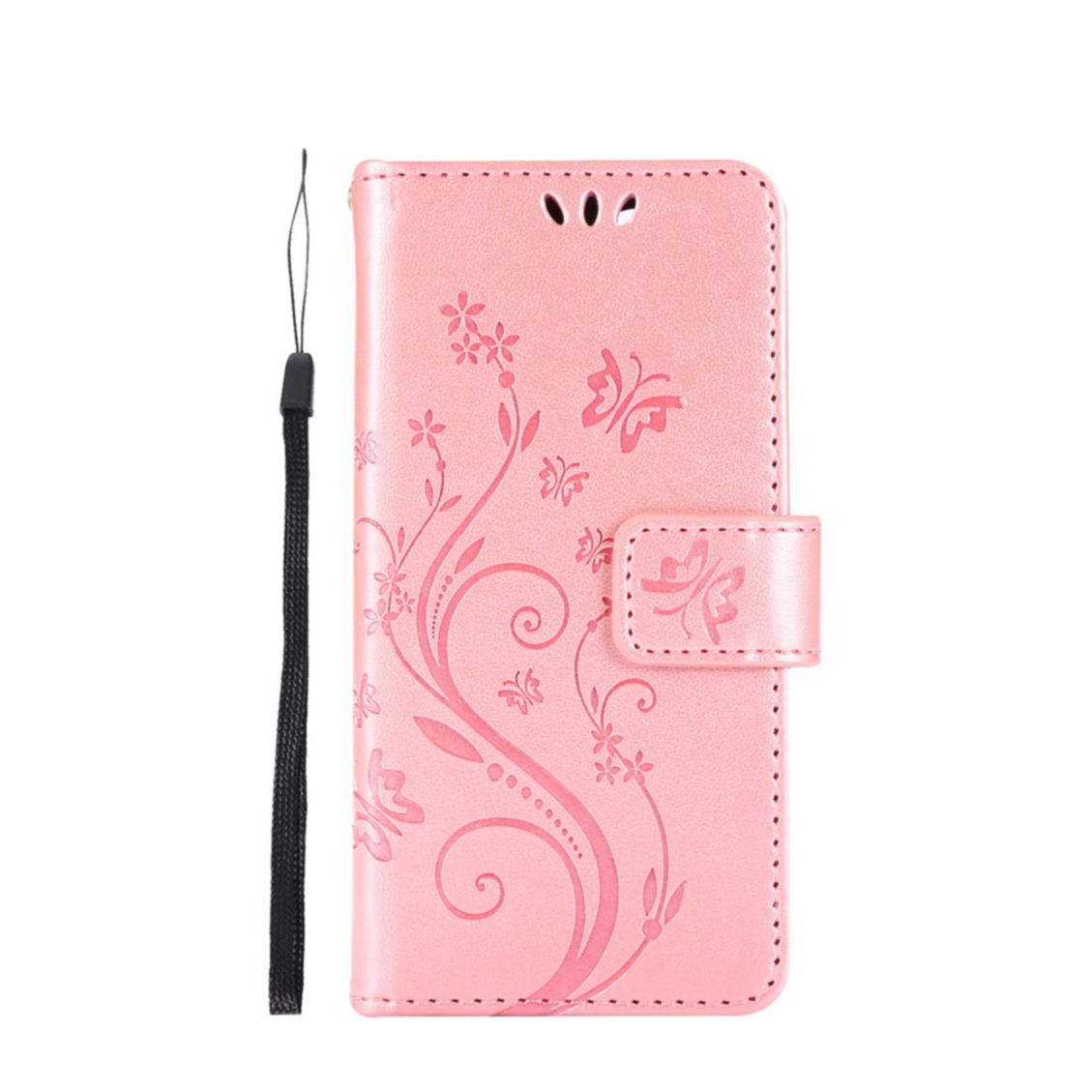 Image of iPhone 12 Mini Leder Tasche mit Kartenfach + Handschlaufe Butterfly Flowers - Rosa bei Apfelkiste.ch