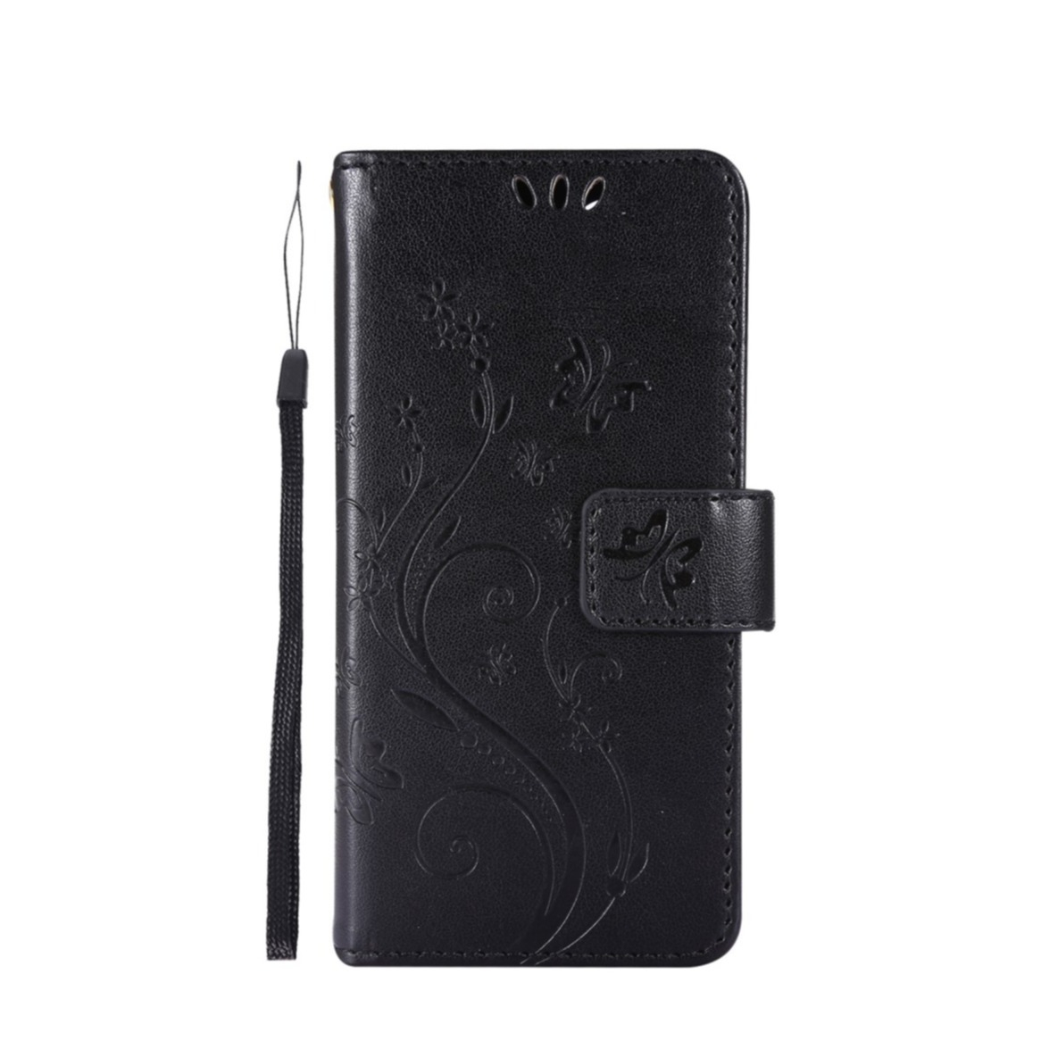 Image of iPhone 12 Mini Leder Tasche mit Kartenfach + Handschlaufe Butterfly Flowers - Schwarz bei Apfelkiste.ch