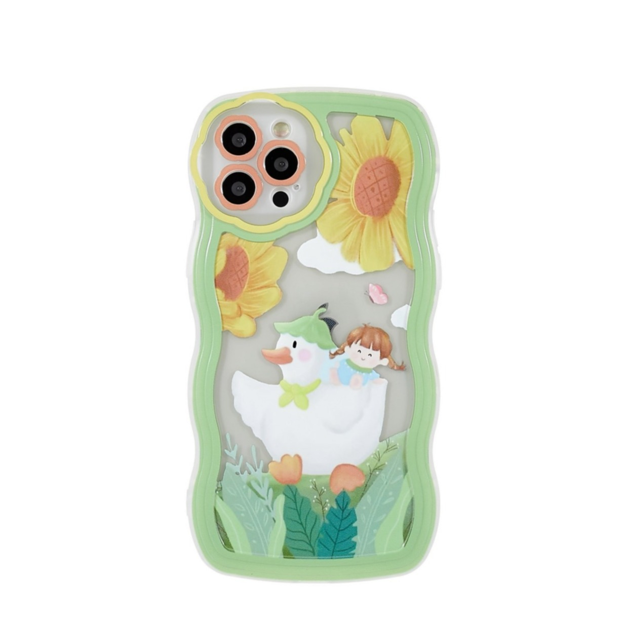 Image of iPhone 12 Pro Gummi Hülle Air Cushion Fallschutz Kinder Design - Ente mit Sonnenblumen (Grün / Gelb) bei Apfelkiste.ch