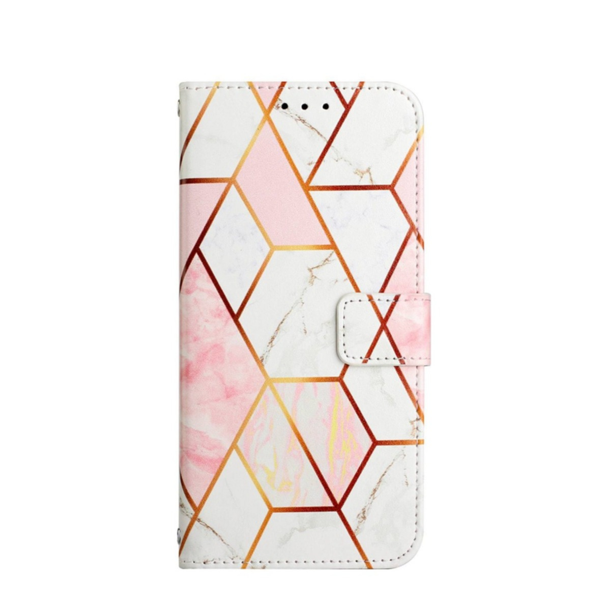 Image of iPhone 12 / iPhone 12 Pro Leder Tasche mit Kartenfach + Handschlaufe Geometrisches Muster - Rosa / Weiss bei Apfelkiste.ch