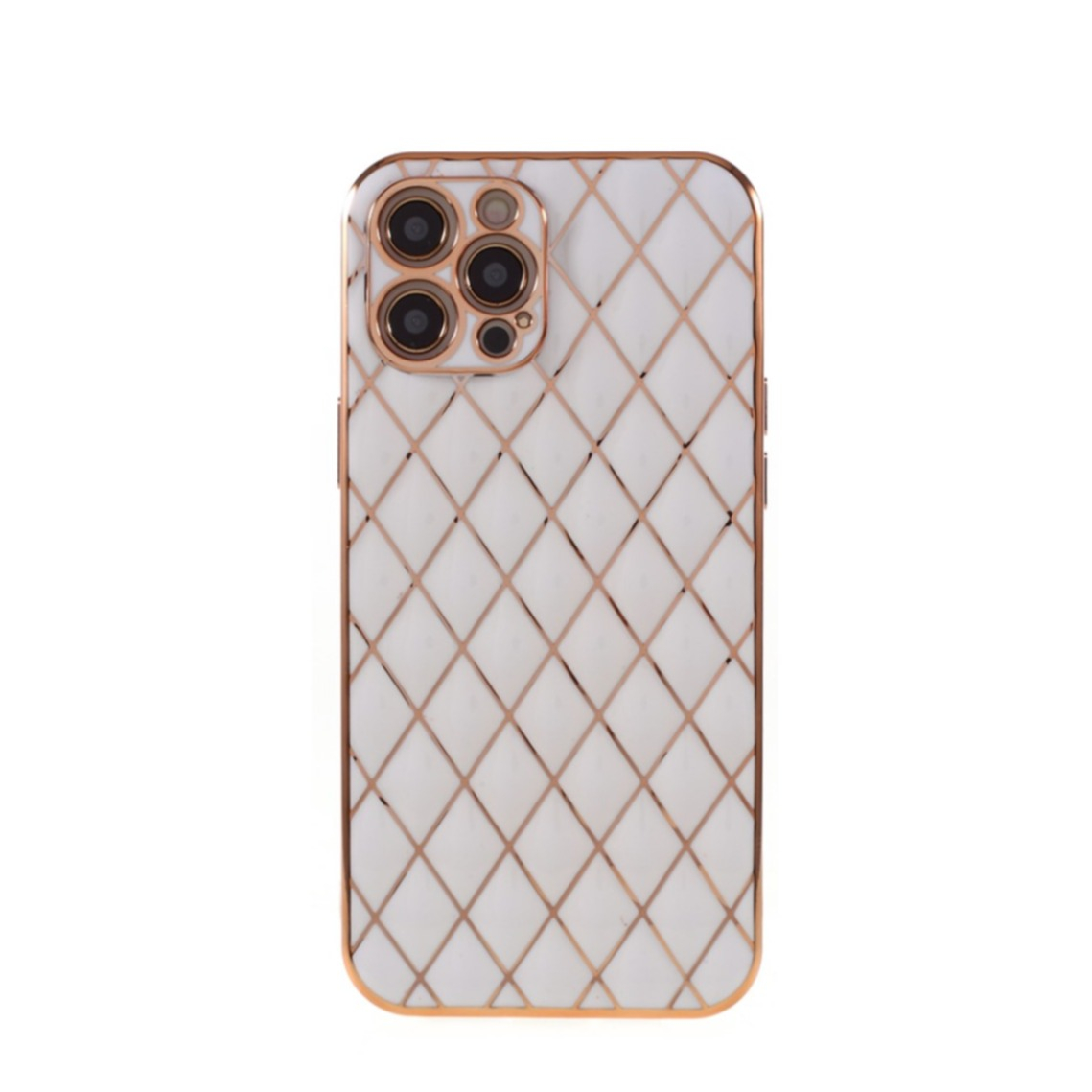 Image of iPhone 12 Pro Max Gummi Case Hülle Galvanisierter Rahmen mit Rautenmuster - Weiss / Roségold bei Apfelkiste.ch