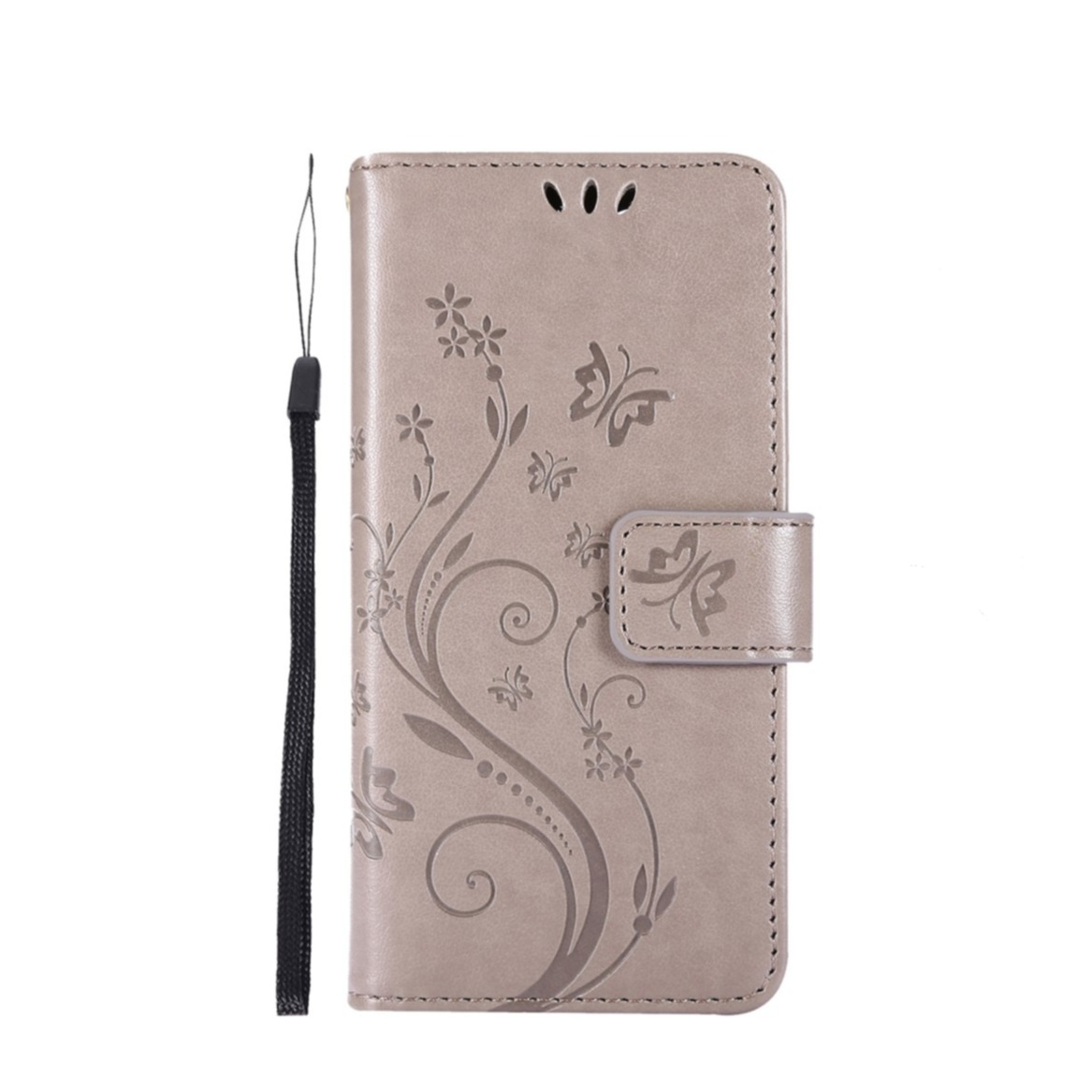 Image of iPhone 12 Pro Max Leder Tasche mit Kartenfach + Handschlaufe Butterfly Flowers - Grau bei Apfelkiste.ch