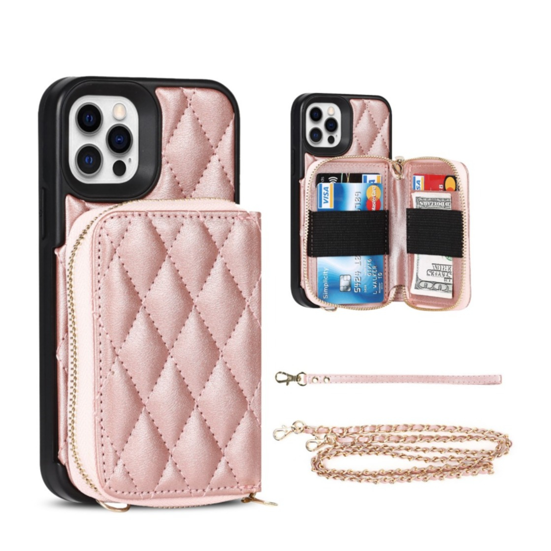 Image of iPhone 12 Pro Max Necklace Leder Hülle mit Magnet Wallet Kreditkarten Münzfach + Handykette (140cm) - Roségold bei Apfelkiste.ch