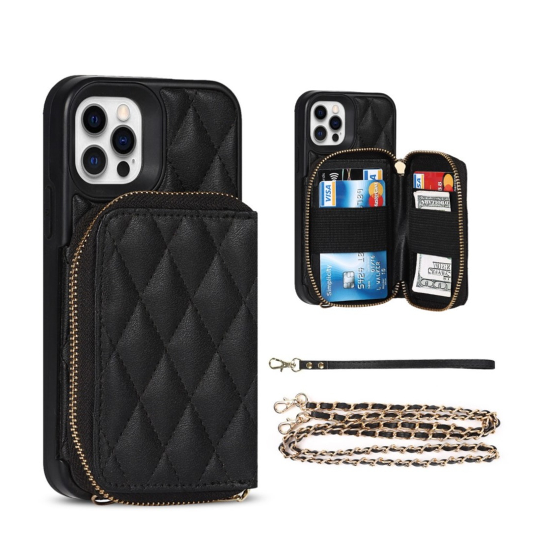 Image of iPhone 12 Pro Max Necklace Leder Hülle mit Magnet Wallet Kreditkarten Münzfach + Handykette (140cm) - Schwarz bei Apfelkiste.ch