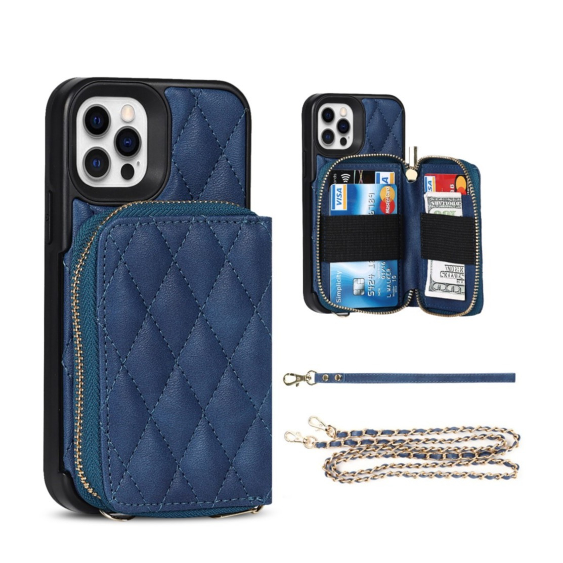 Image of iPhone 12 / iPhone 12 Pro Necklace Leder Hülle mit Magnet Wallet Kreditkarten Münzfach + Handykette (140cm) - Blau bei Apfelkiste.ch