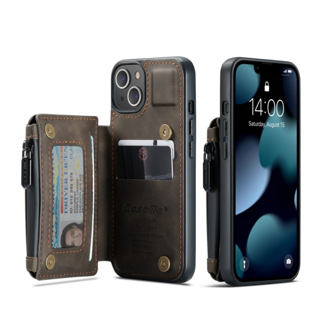 Image of Caseme - iPhone 13 Leder Schutzhülle mit Münzbeutel + 3 Kartenfächern - Dunkelbraun bei Apfelkiste.ch
