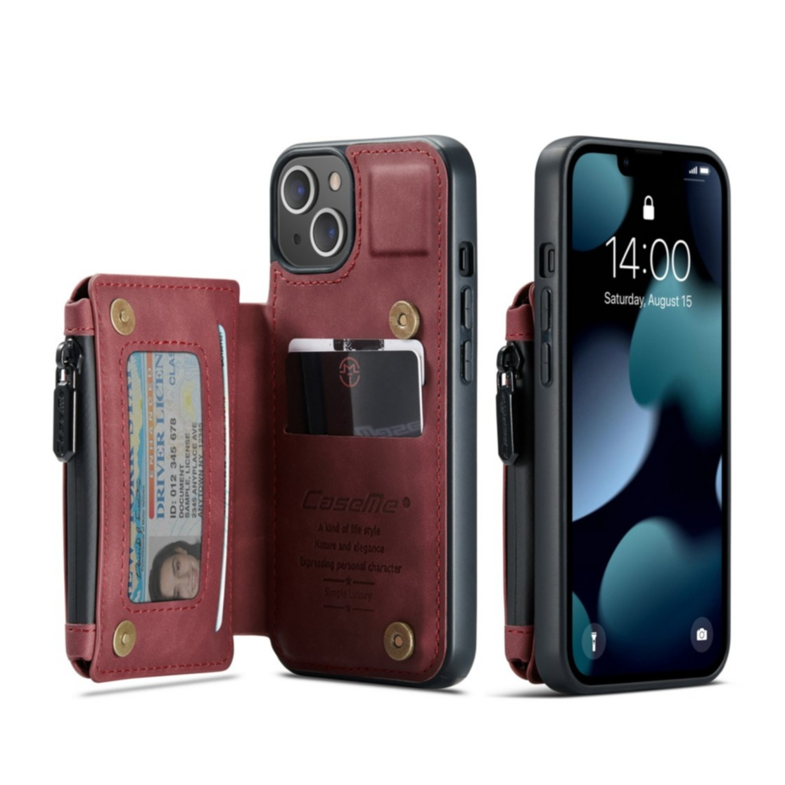Image of Caseme - iPhone 13 Leder Schutzhülle mit Münzbeutel + 3 Kartenfächern - Dunkelrot bei Apfelkiste.ch
