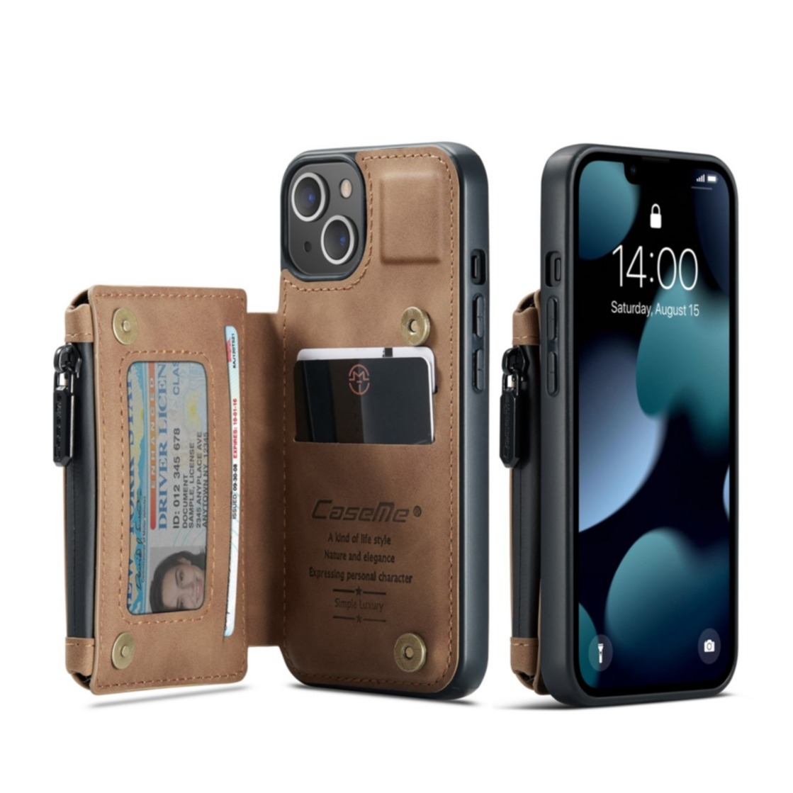 Image of Caseme - iPhone 13 Leder Schutzhülle mit Münzbeutel + 3 Kartenfächern - Hellbraun bei Apfelkiste.ch